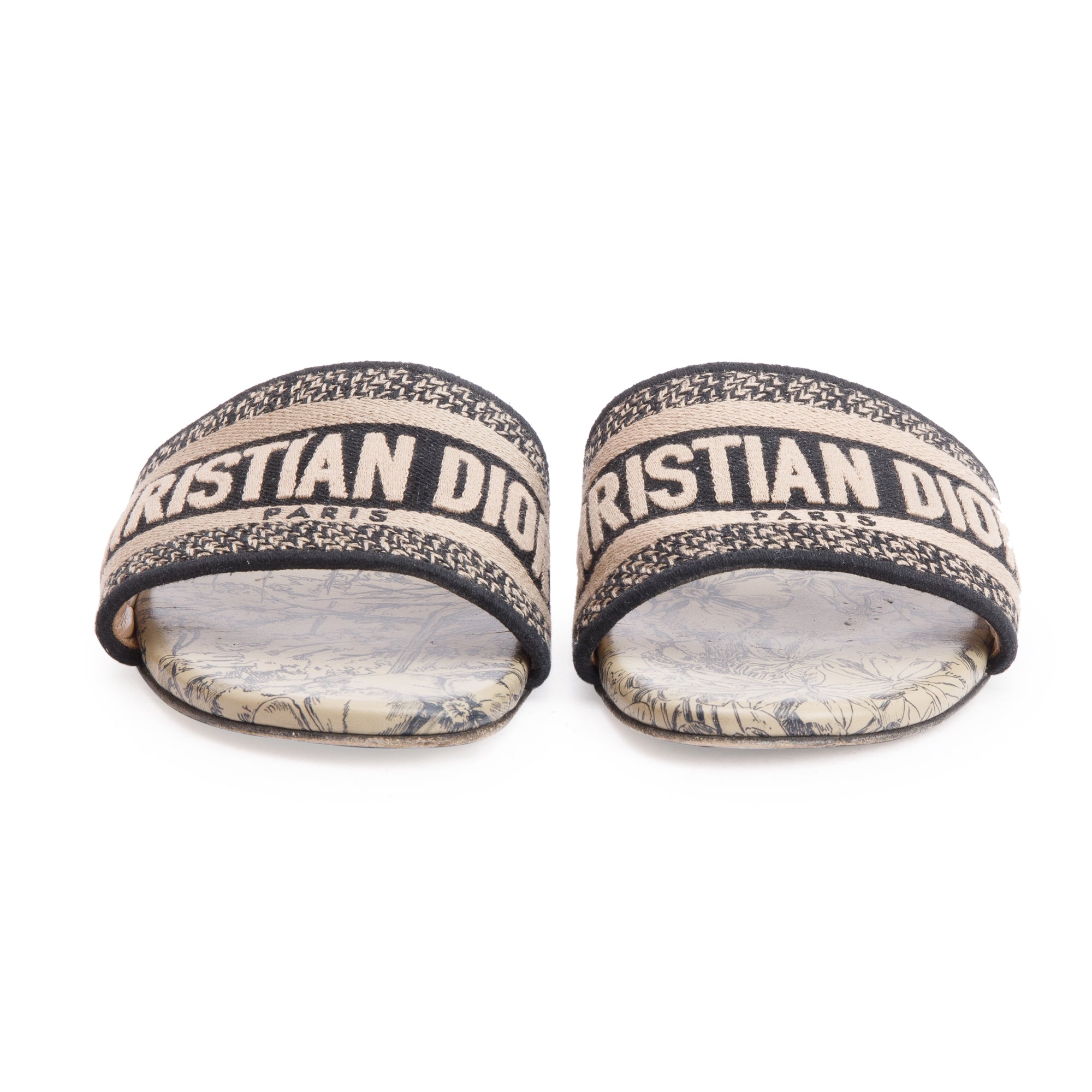 Christian Dior Neutral/Navy Embroidered Cotton Dway Slide, Size 37 w/ Box