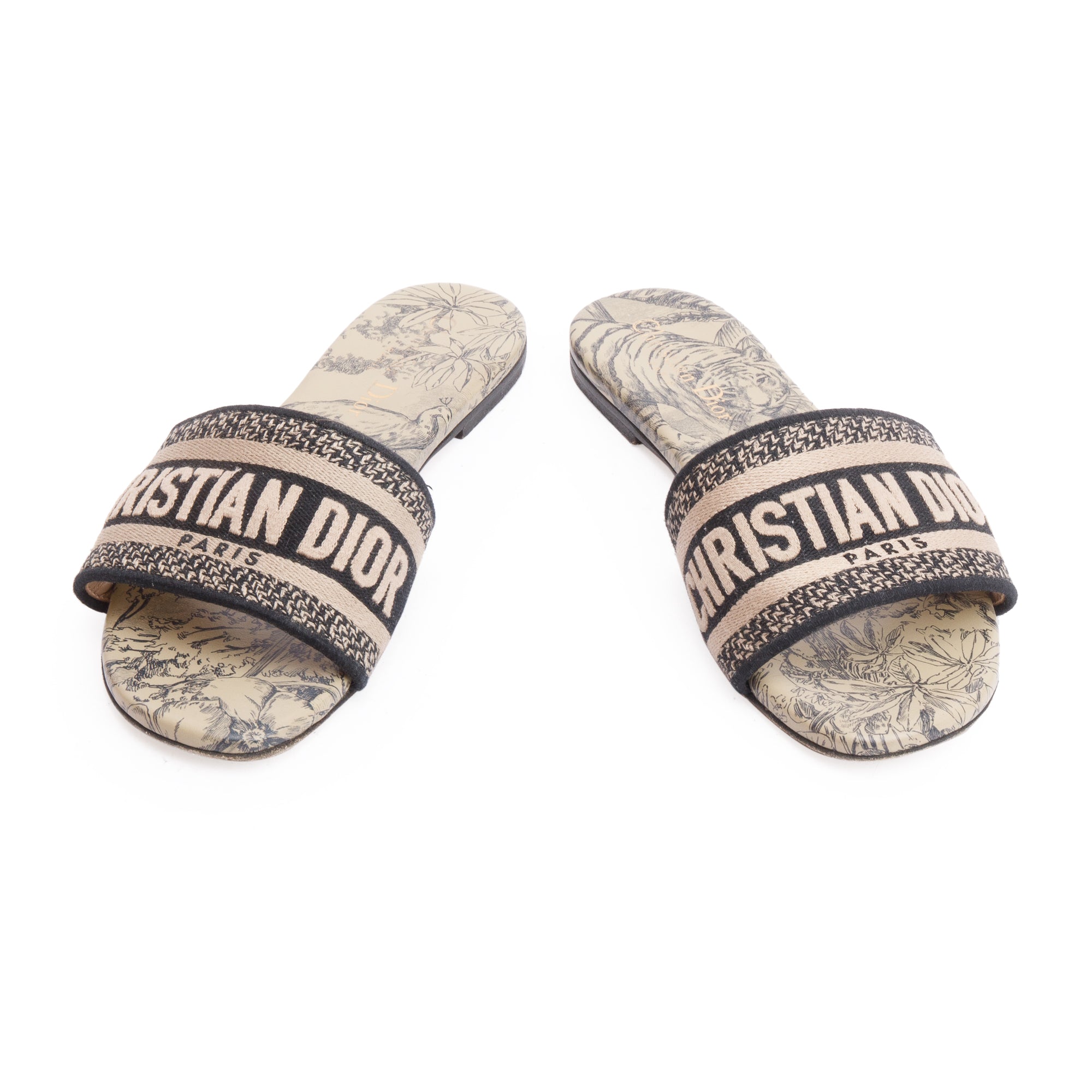 Christian Dior Neutral/Navy Embroidered Cotton Dway Slide, Size 37 w/ Box