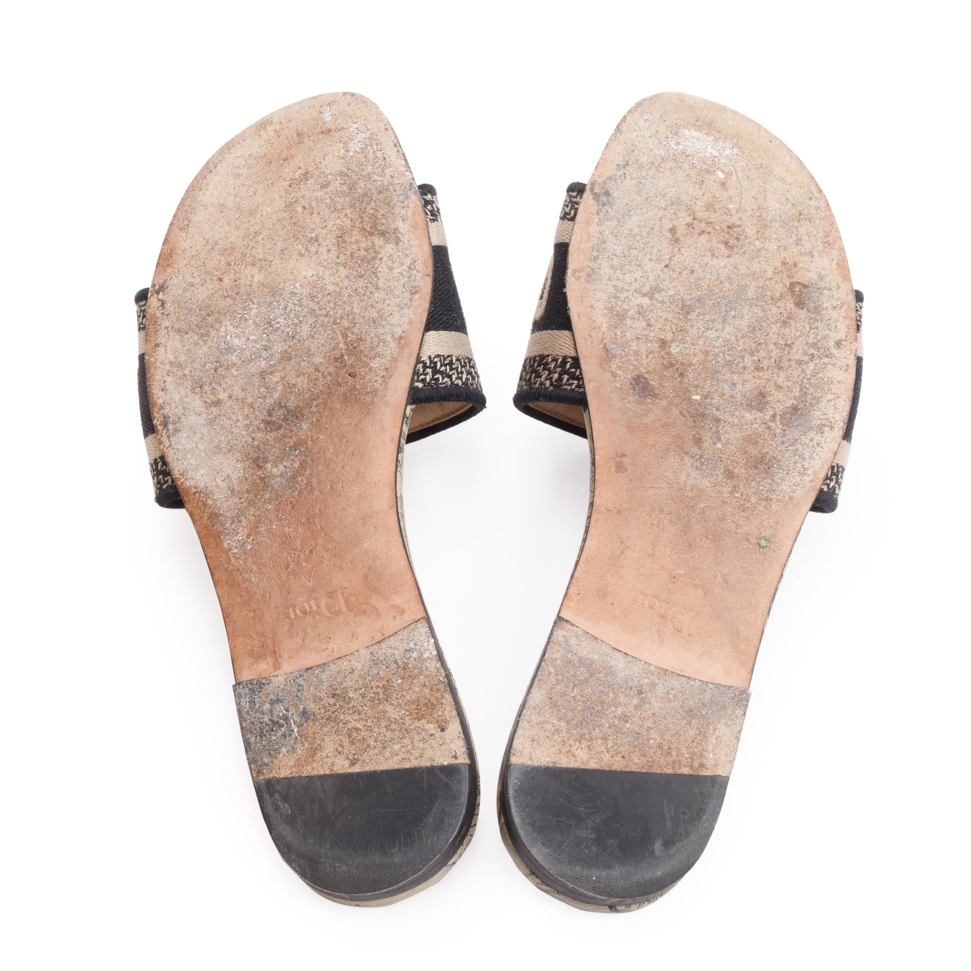 Christian Dior Neutral/Navy Embroidered Cotton Dway Slide, Size 37 w/ Box