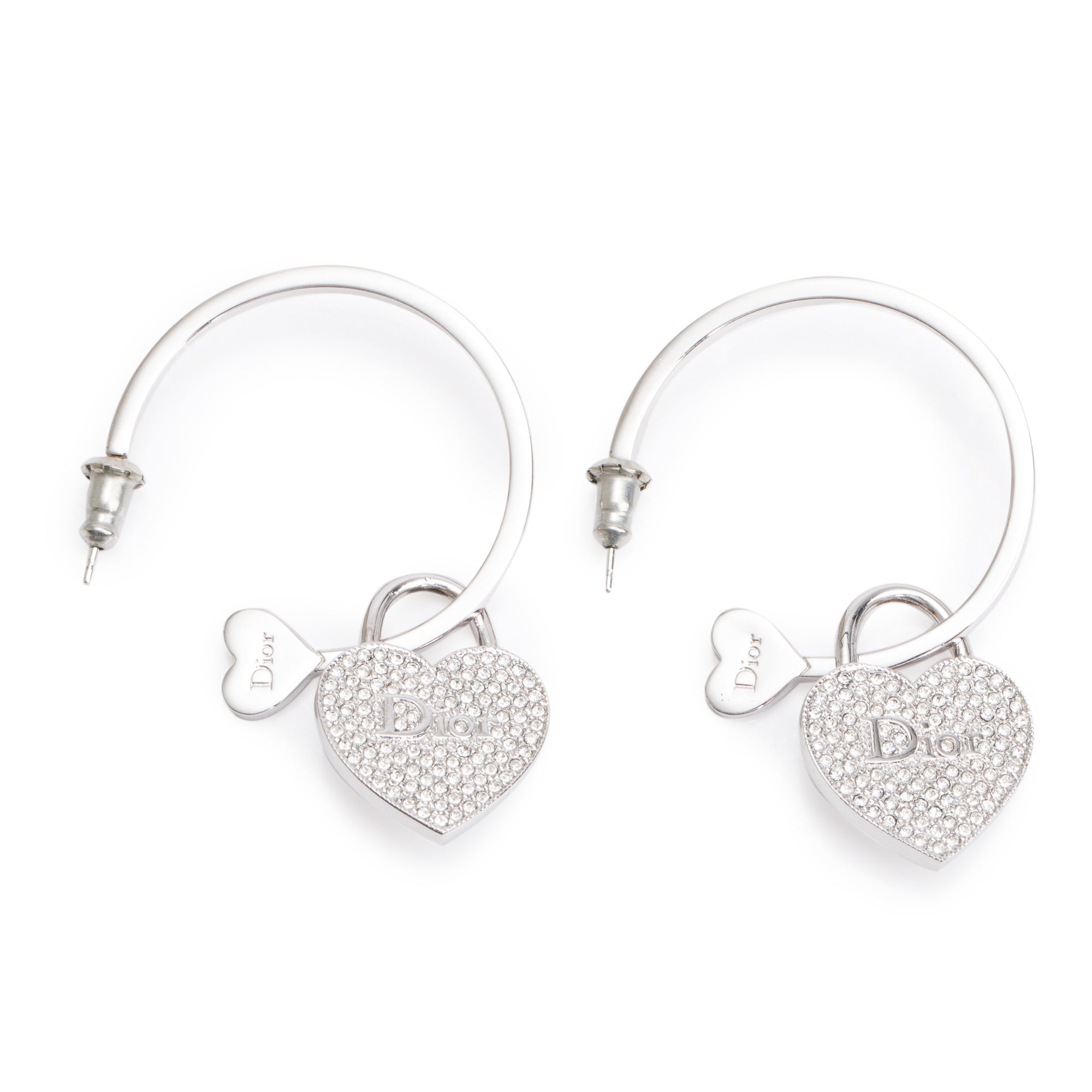 Christian Dior Palladium-Plated Crystal Heart Charm Hoop Earrings