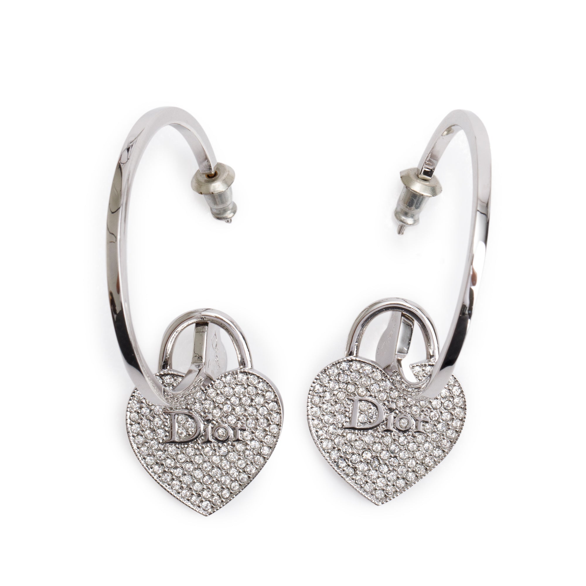 Christian Dior Palladium-Plated Crystal Heart Charm Hoop Earrings