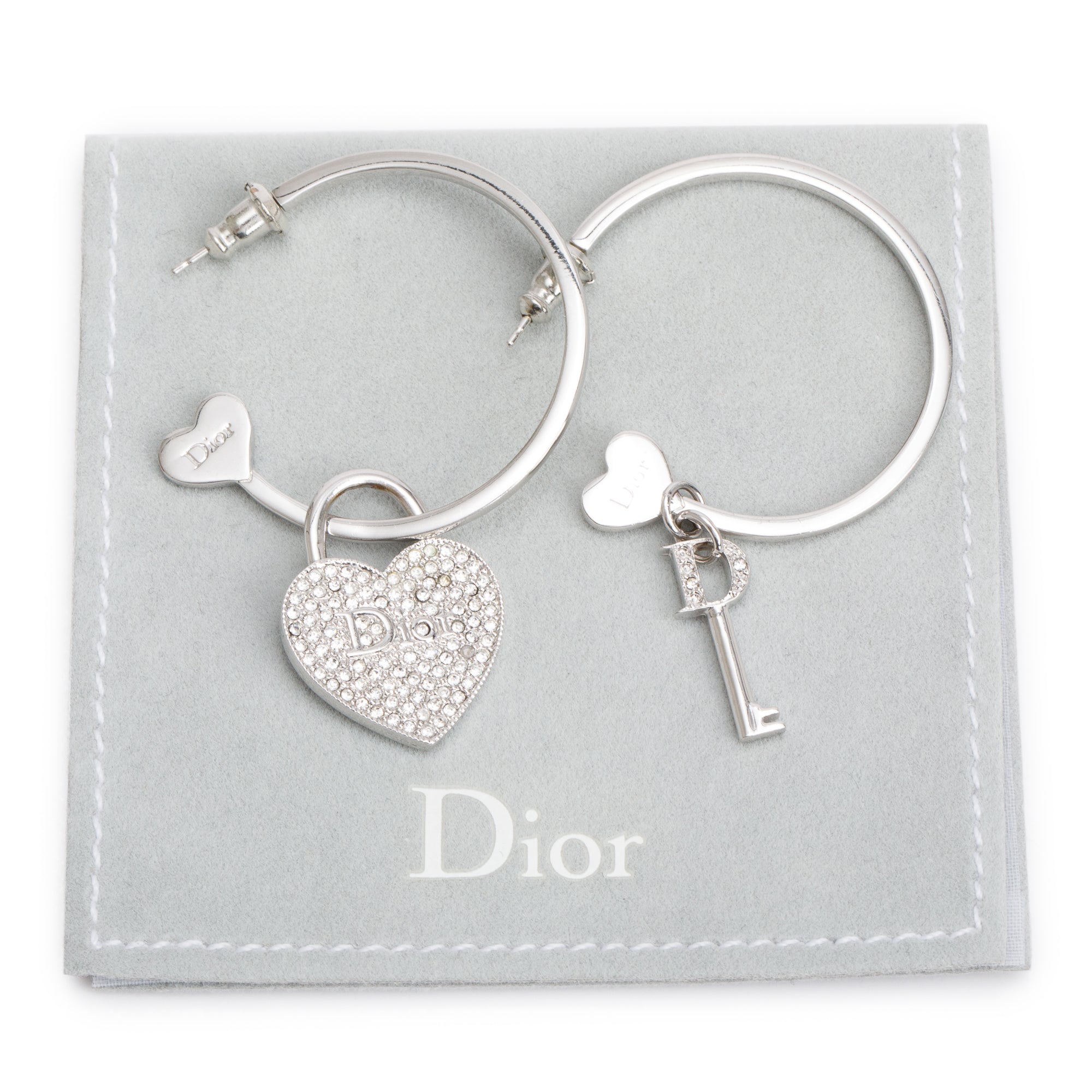 Christian Dior Palladium-Plated Crystal Heart & Key Charm Hoop Earrings