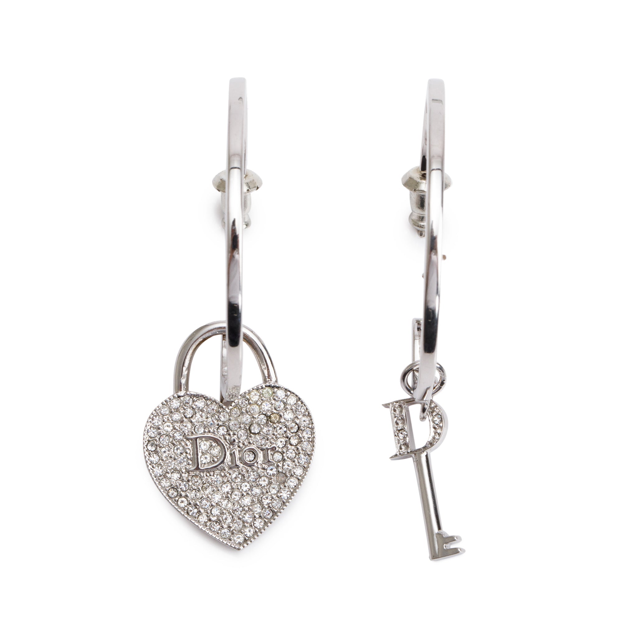 Christian Dior Palladium-Plated Crystal Heart & Key Charm Hoop Earrings