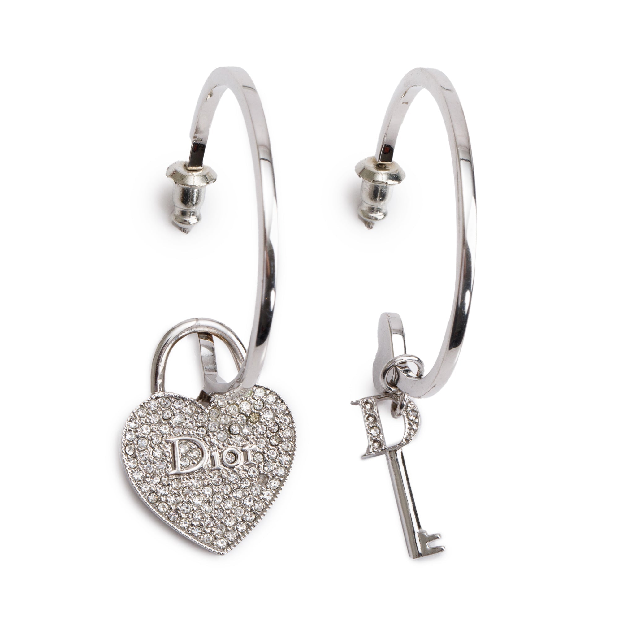 Christian Dior Palladium-Plated Crystal Heart & Key Charm Hoop Earrings