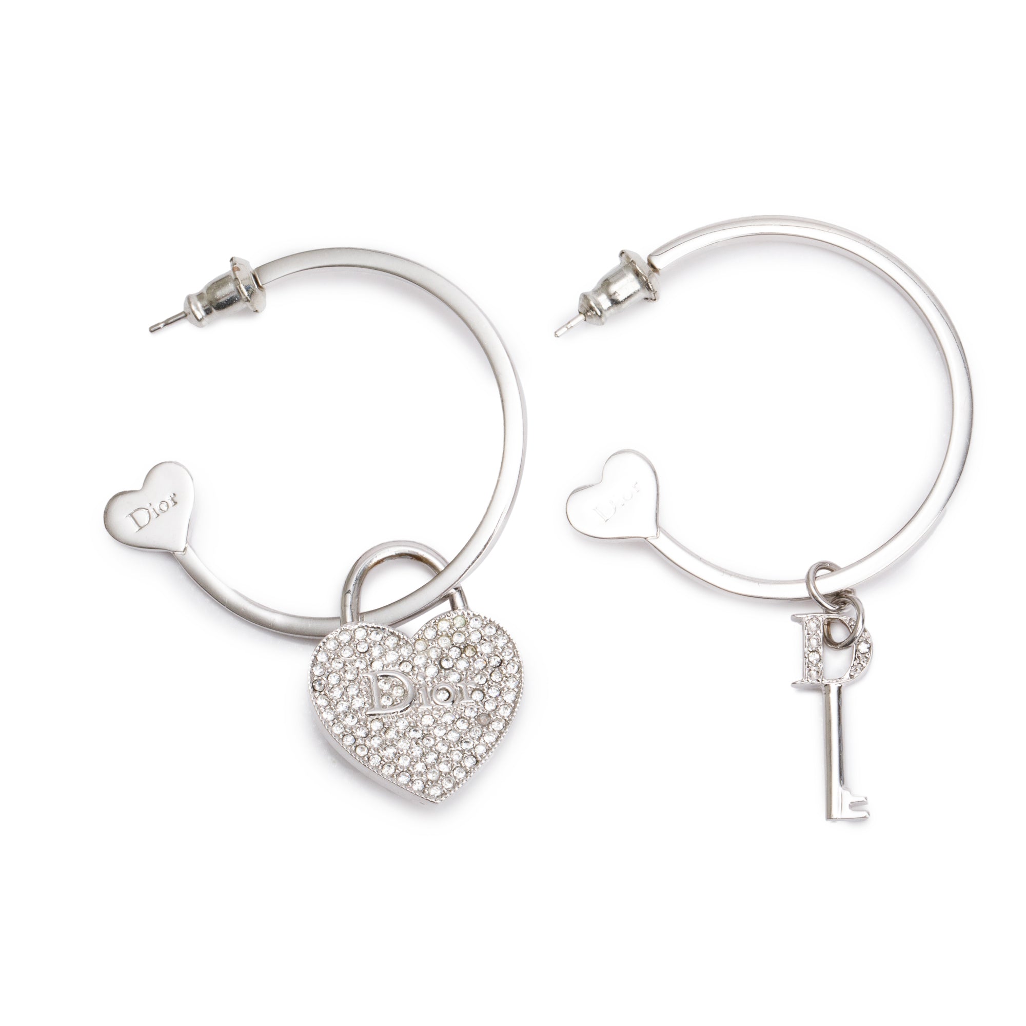 Christian Dior Palladium-Plated Crystal Heart & Key Charm Hoop Earrings