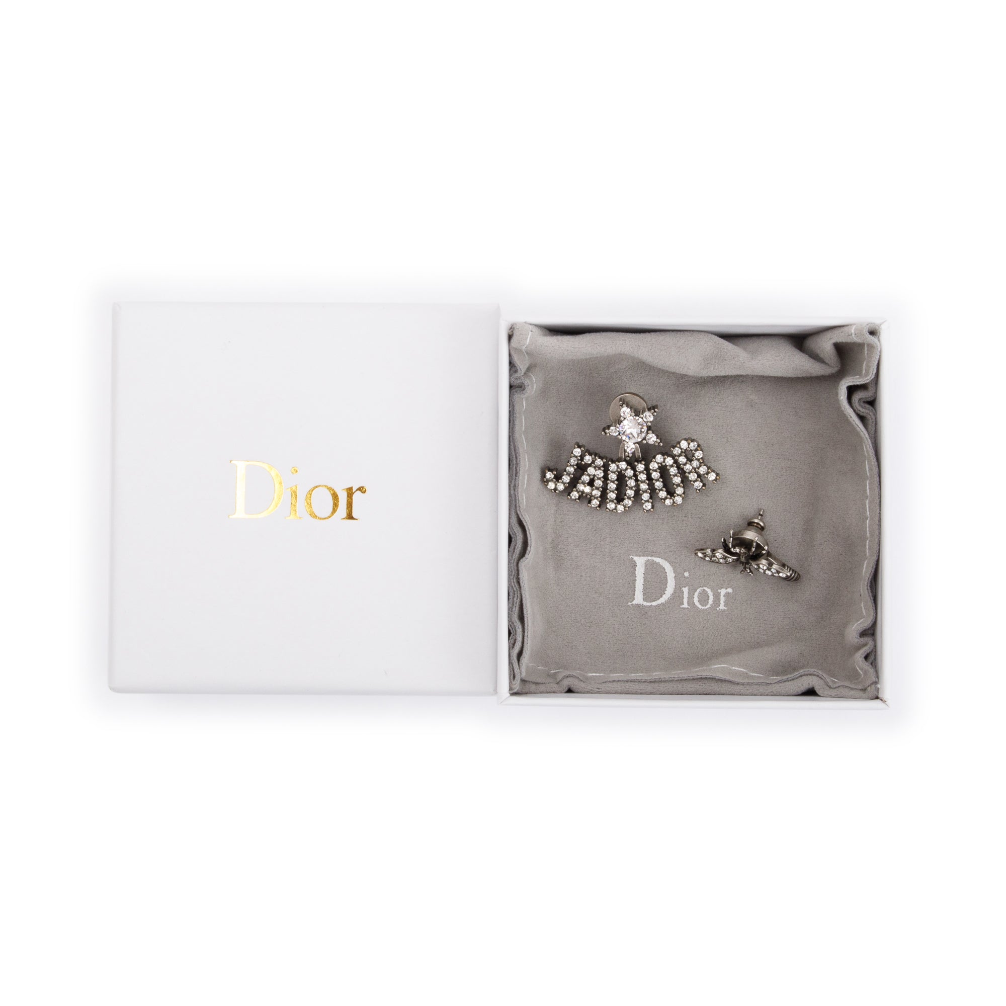 Christian Dior Palladium-Plated Crystal J'Adior Asymmetrical Bee Earrings w/ Box