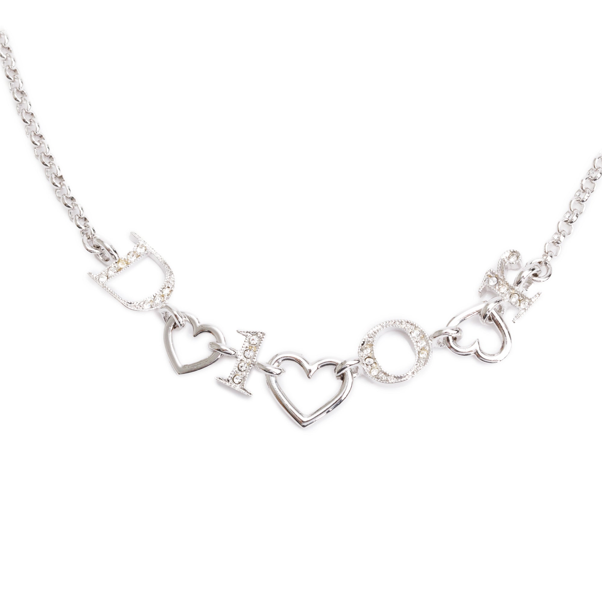 Christian Dior Palladium Plated Crystal Logo Heart Necklace w/ Box
