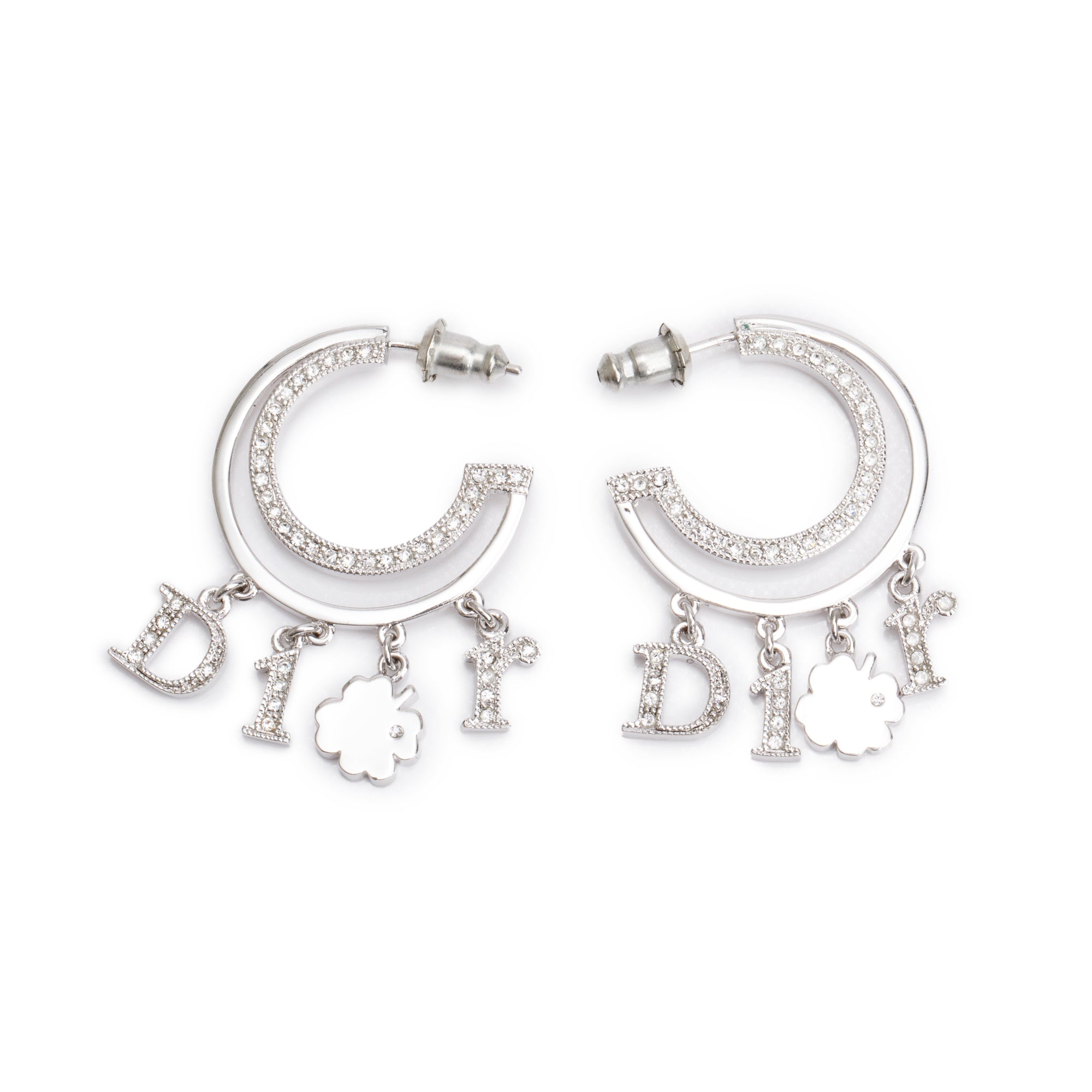 Christian Dior Palladium-Plated Crystal Lucky Charm Hoop Earrings