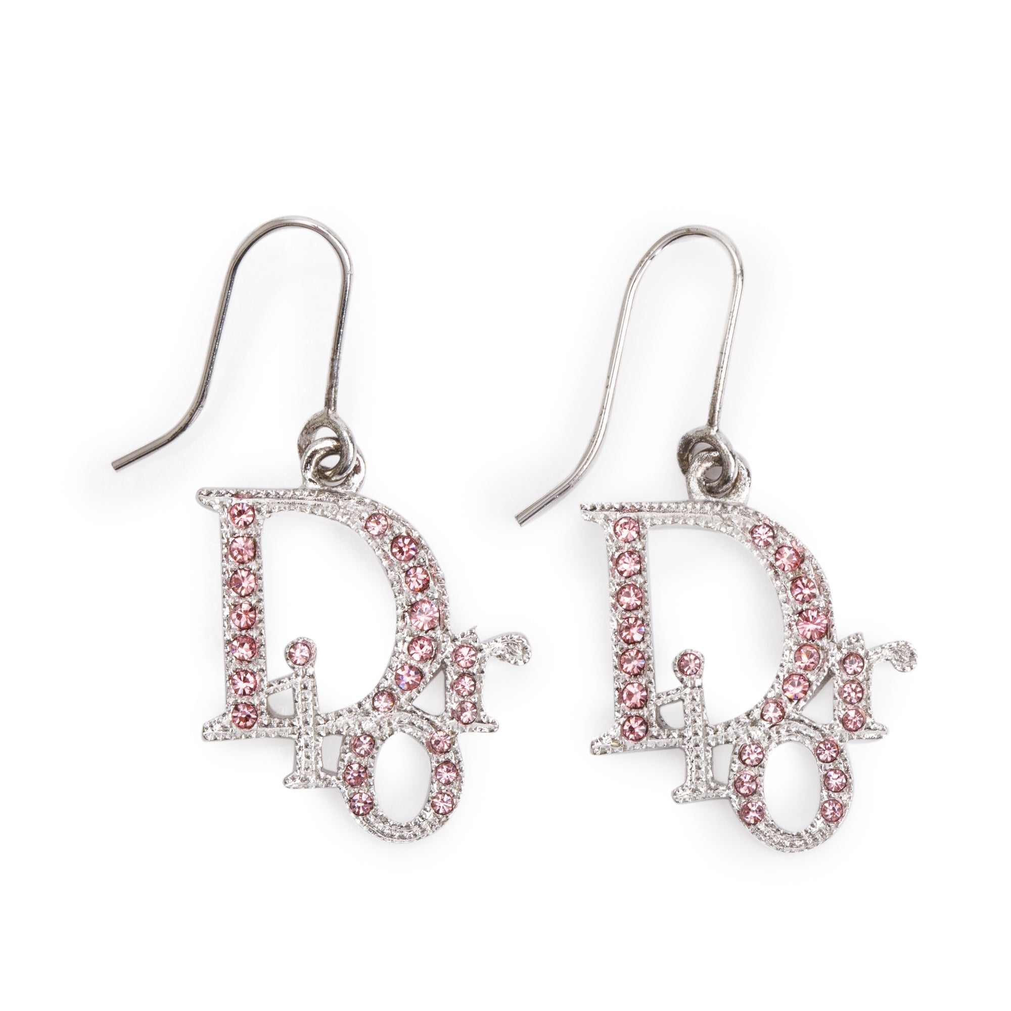 Christian Dior Palladium-Plated Metal Pink Crystal Logo Drop Earrings