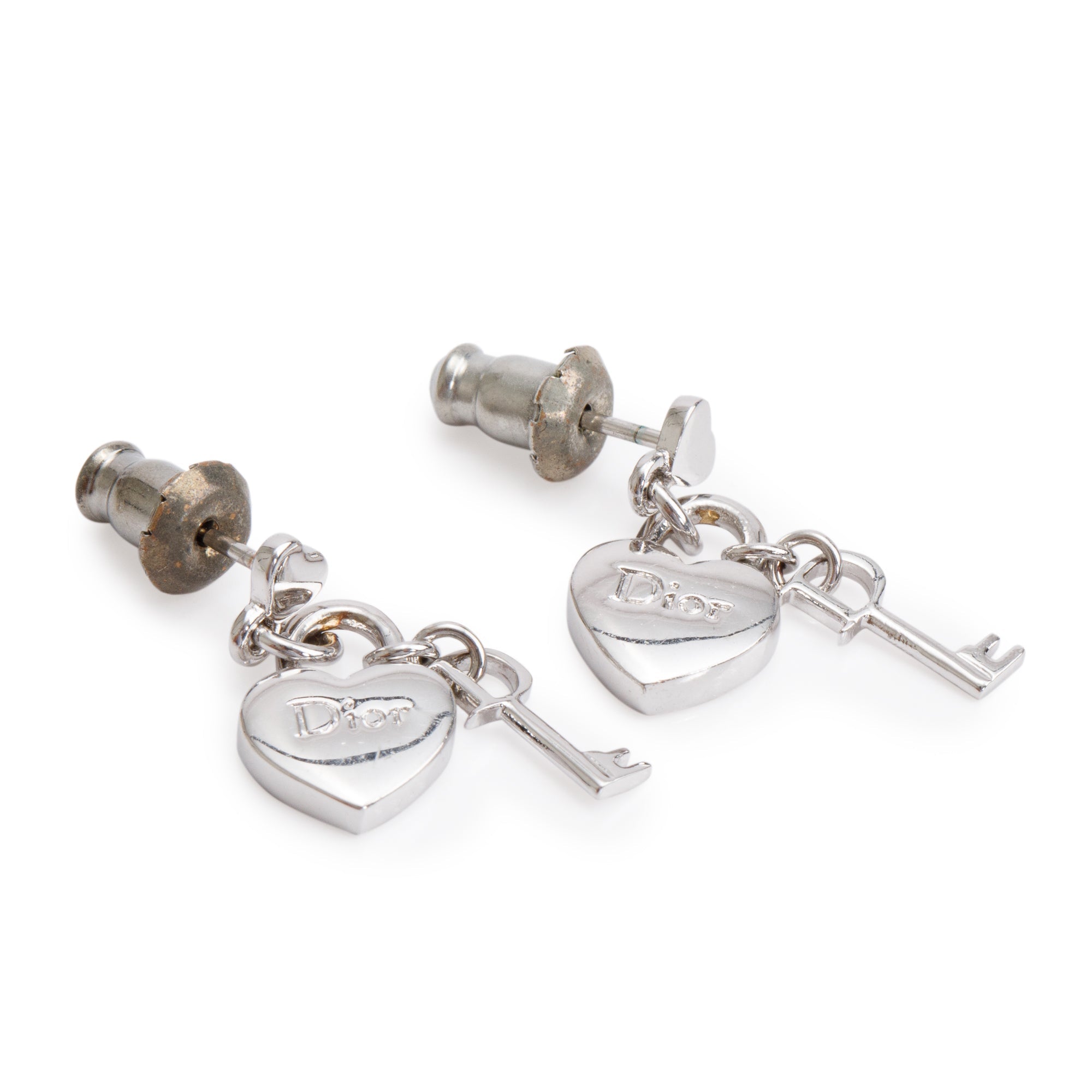 Christian Dior Palladium Plated Mini Heart lock & Key Drop Earrings
