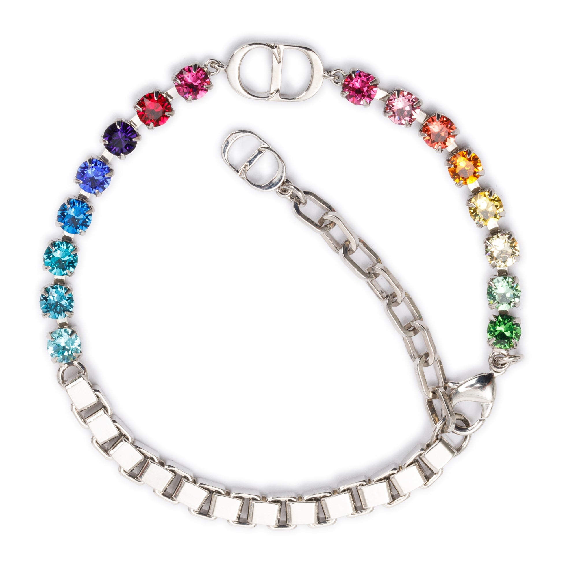 Christian Dior Palladium Plated Multicolour Crystal Link Bracelet w/ Box