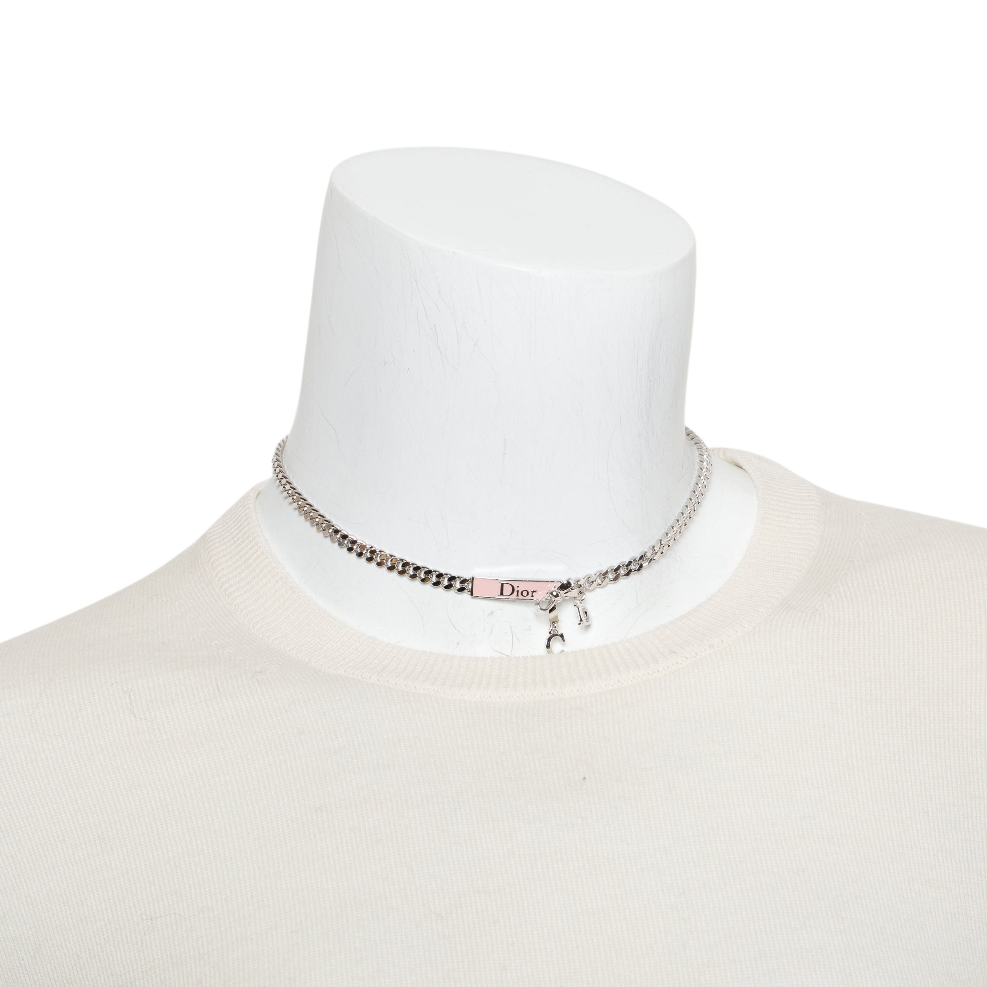 Christian Dior Palladium Plated Pink Enamel Logo Bow Pendant Necklace