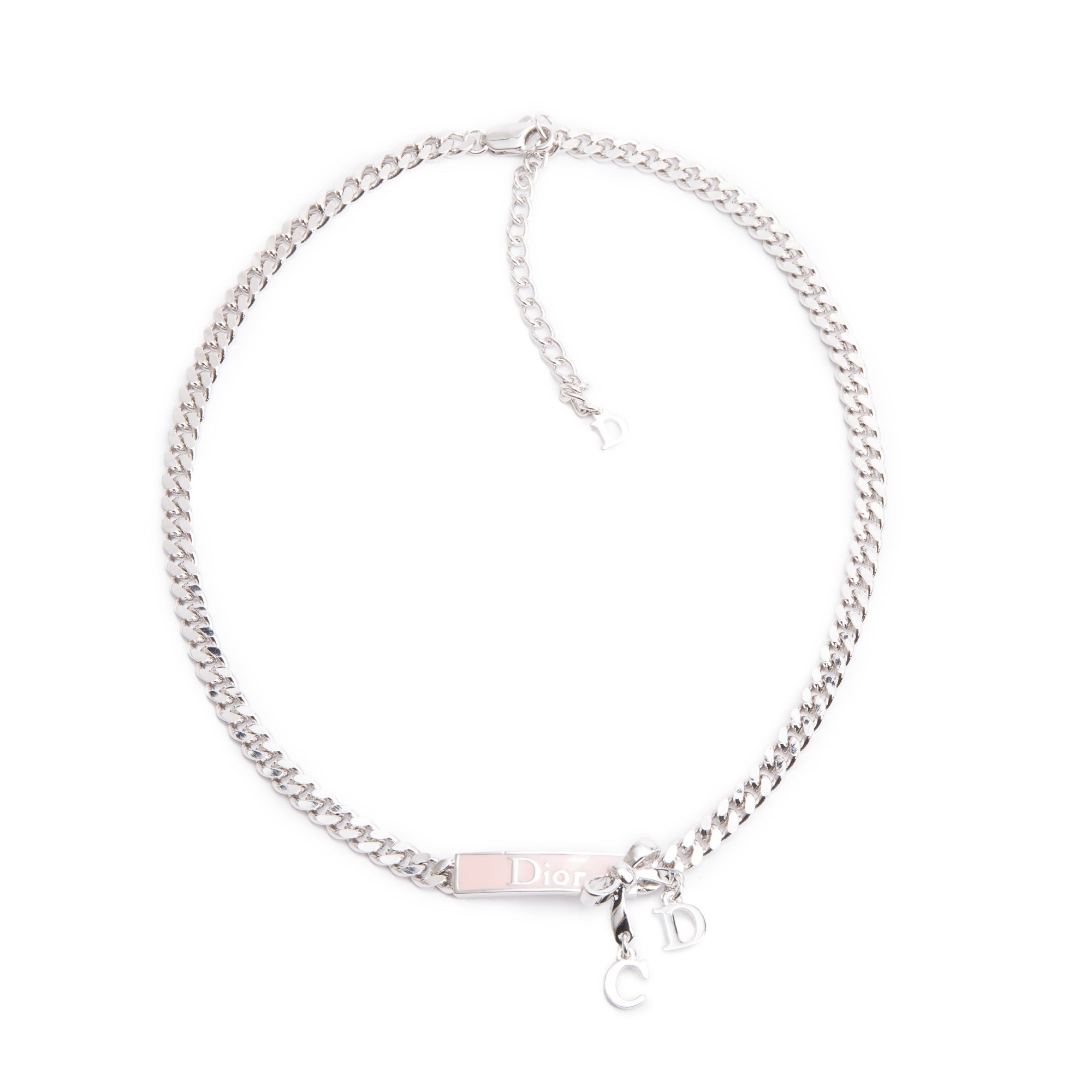 Christian Dior Palladium Plated Pink Enamel Logo Bow Pendant Necklace