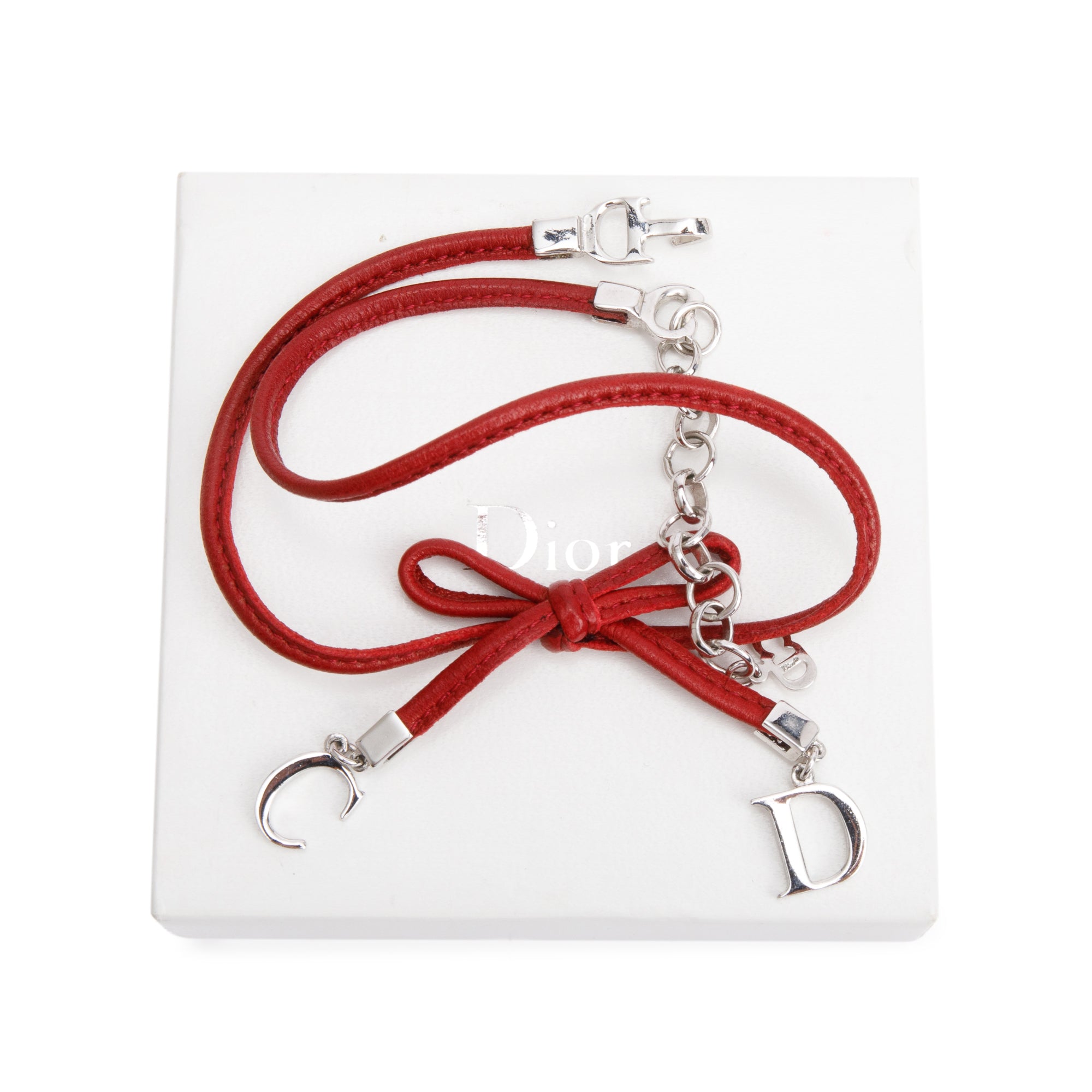 Christian Dior Palladium Plated Red Leather CD Bow Choker Necklace w/ Box