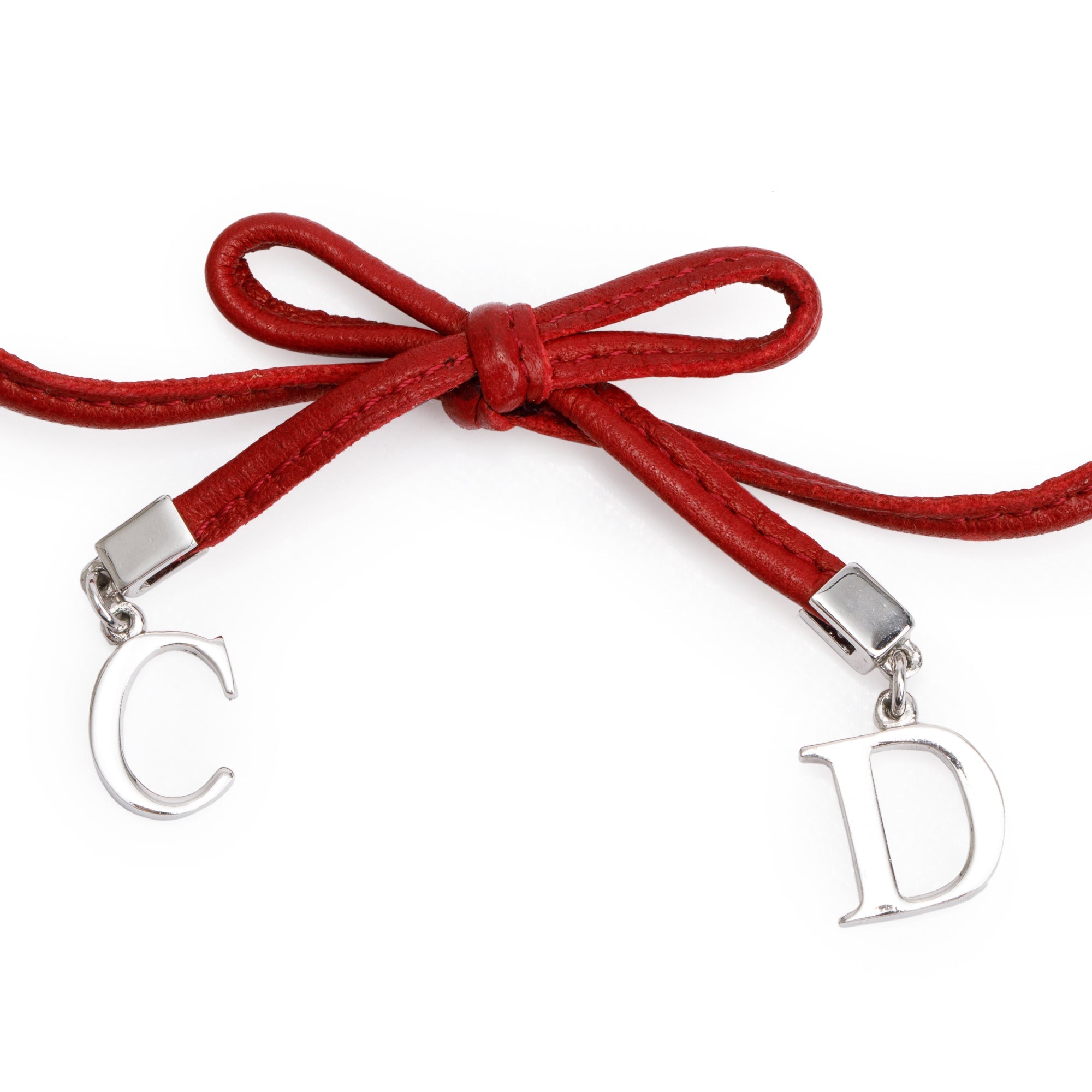 Christian Dior Palladium Plated Red Leather CD Bow Choker Necklace w/ Box