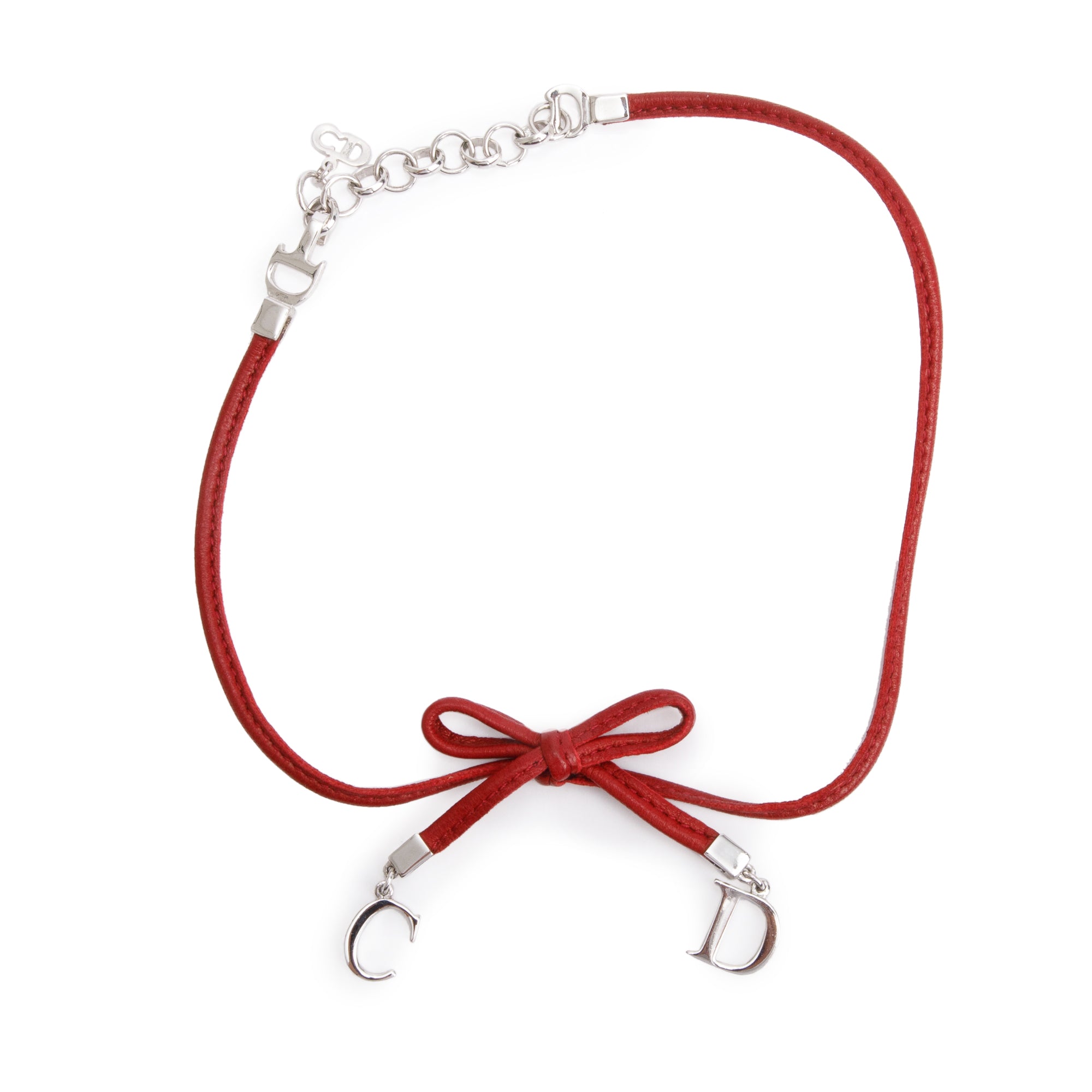 Christian Dior Palladium Plated Red Leather CD Bow Choker Necklace w/ Box