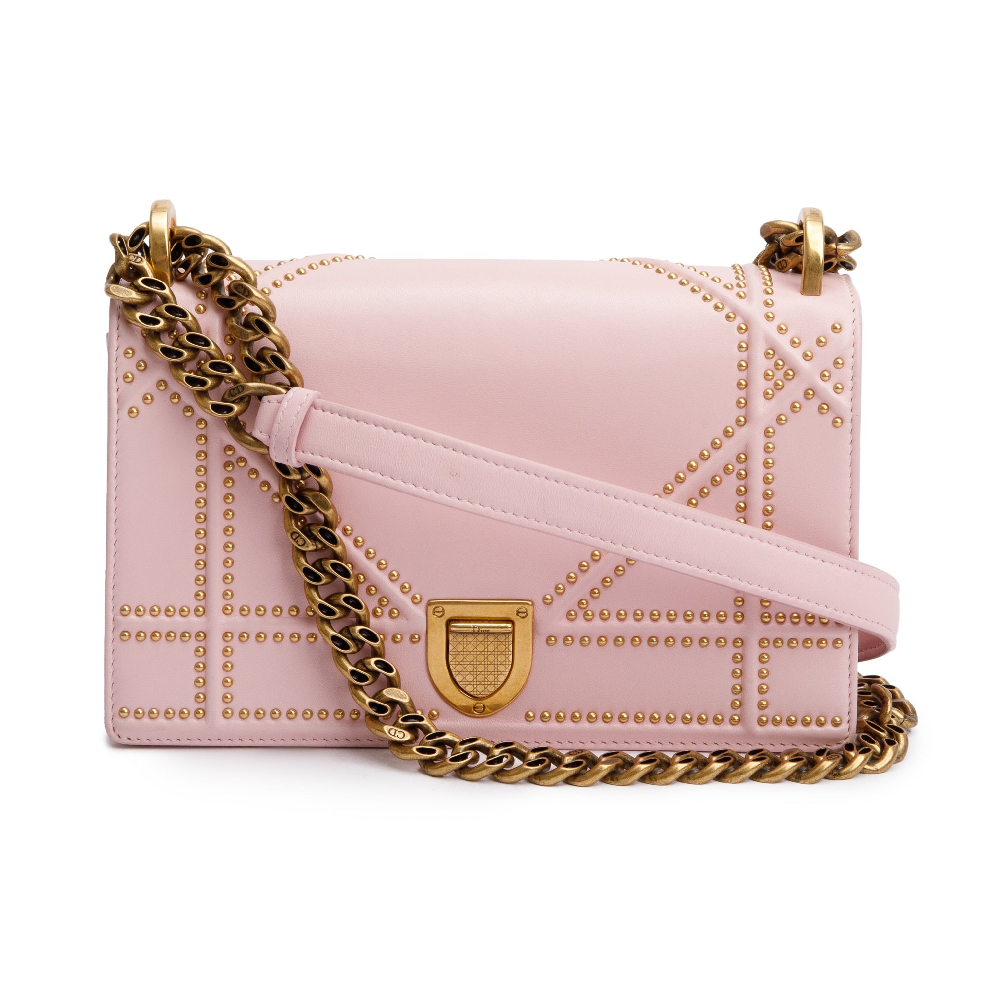 Christian Dior Pink Calfskin Leather Small Studded Diorama Flap Bag