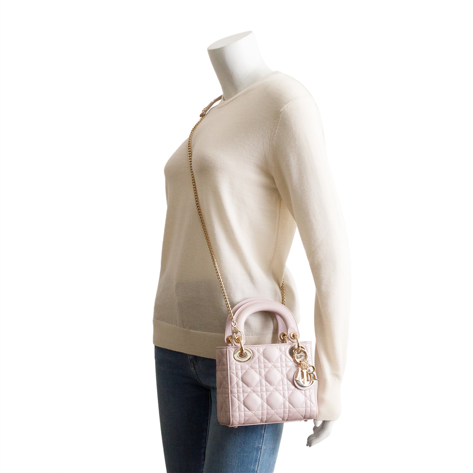 Christian Dior Pink Iridescent Cannage Leather Mini Lady Dior Bag w/ Strap