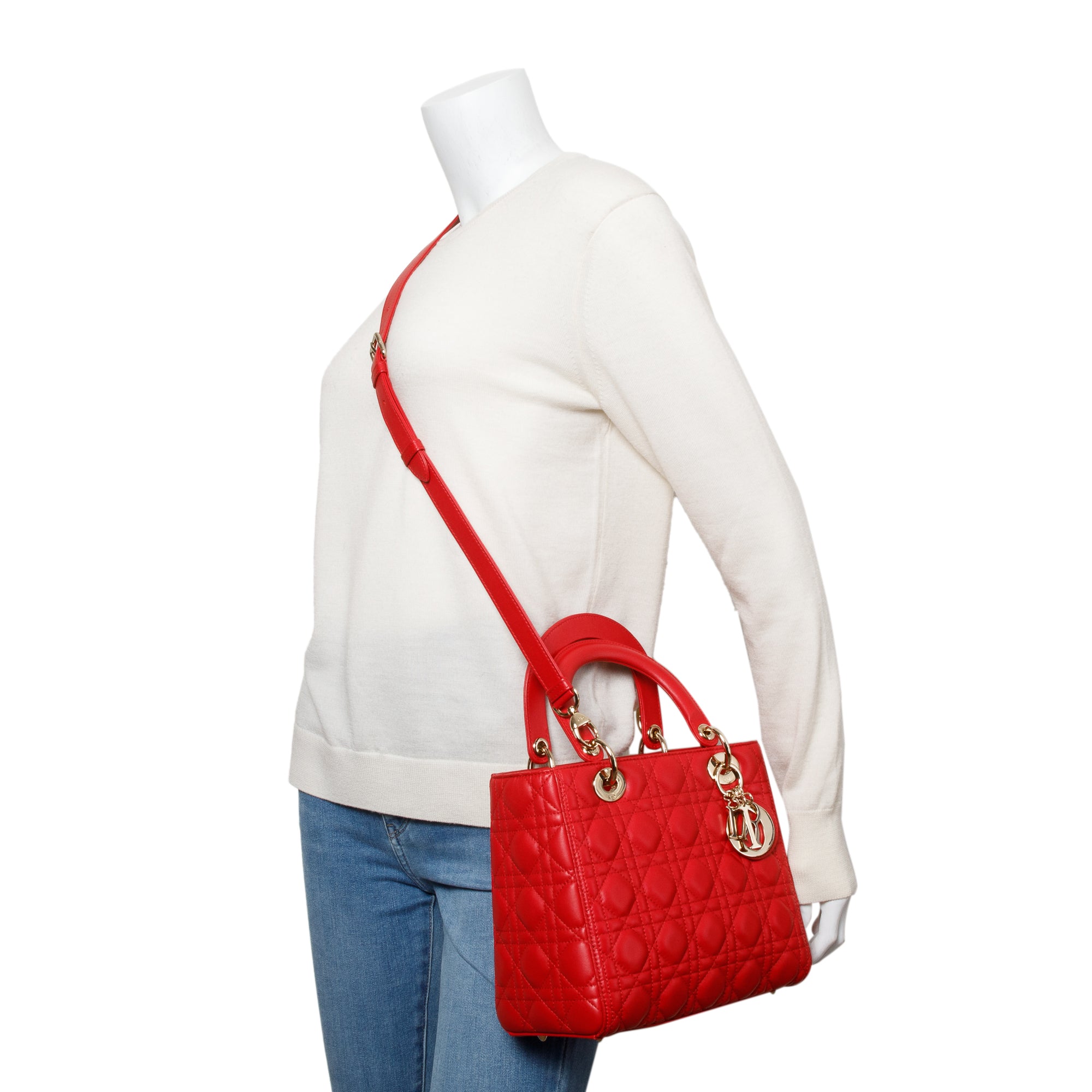 Christian Dior Red Cannage Lambskin Leather Small Lady Dior Bag w/ Strap & Authenticity Card