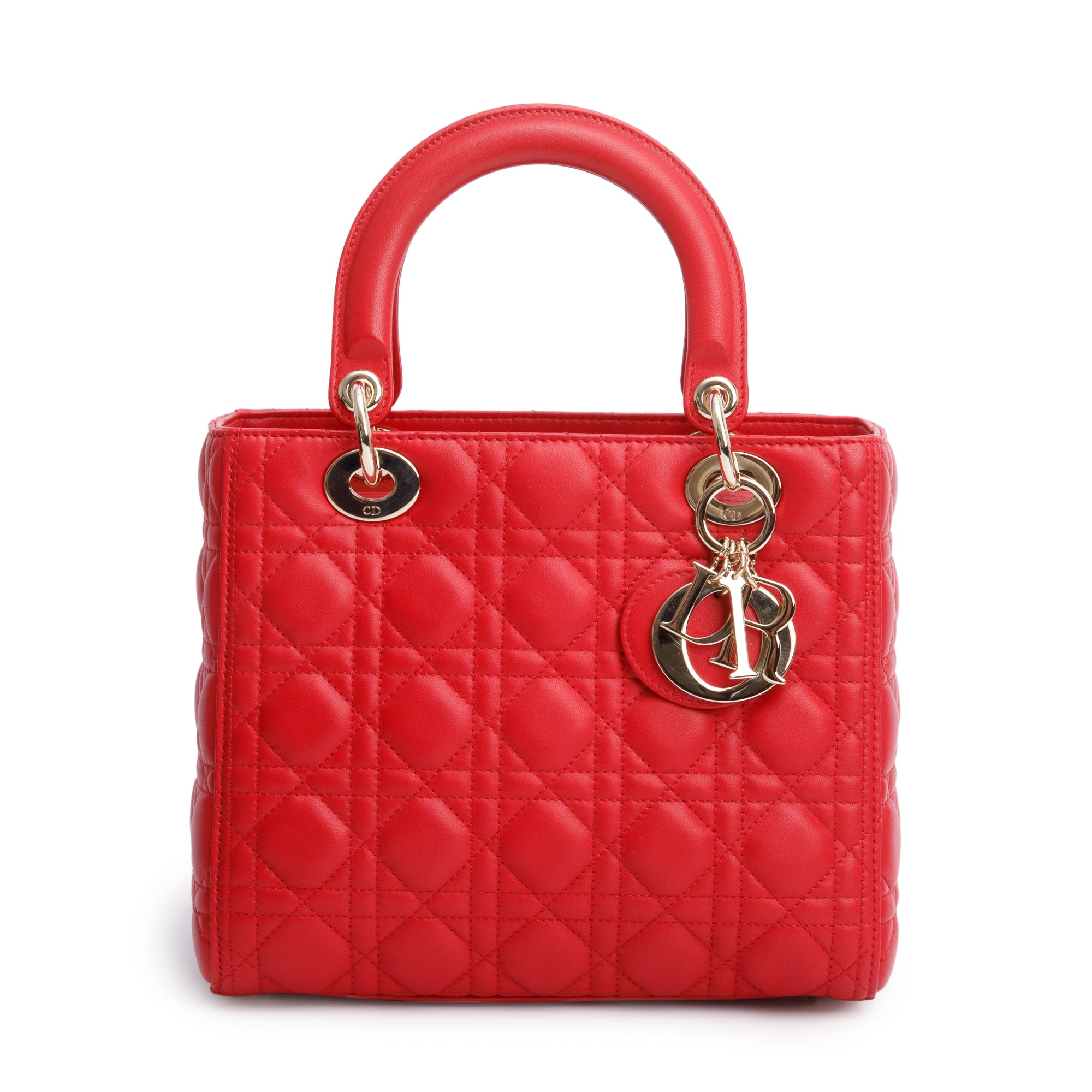Christian Dior Red Cannage Lambskin Leather Small Lady Dior Bag w/ Strap & Authenticity Card