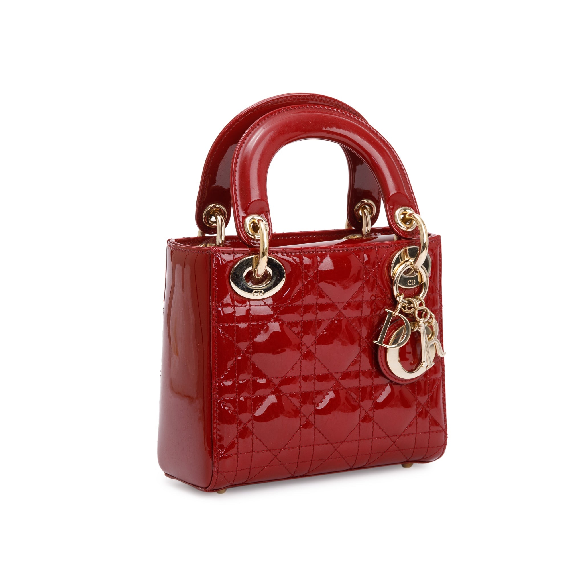 Christian Dior Red Cannage Patent Leather Mini Lady Dior Bag w/ Strap