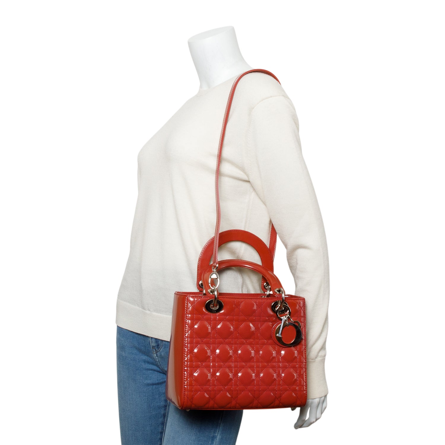 Christian Dior Red Cannage Patent Leather Small Lady Dior Bag w/ Strap