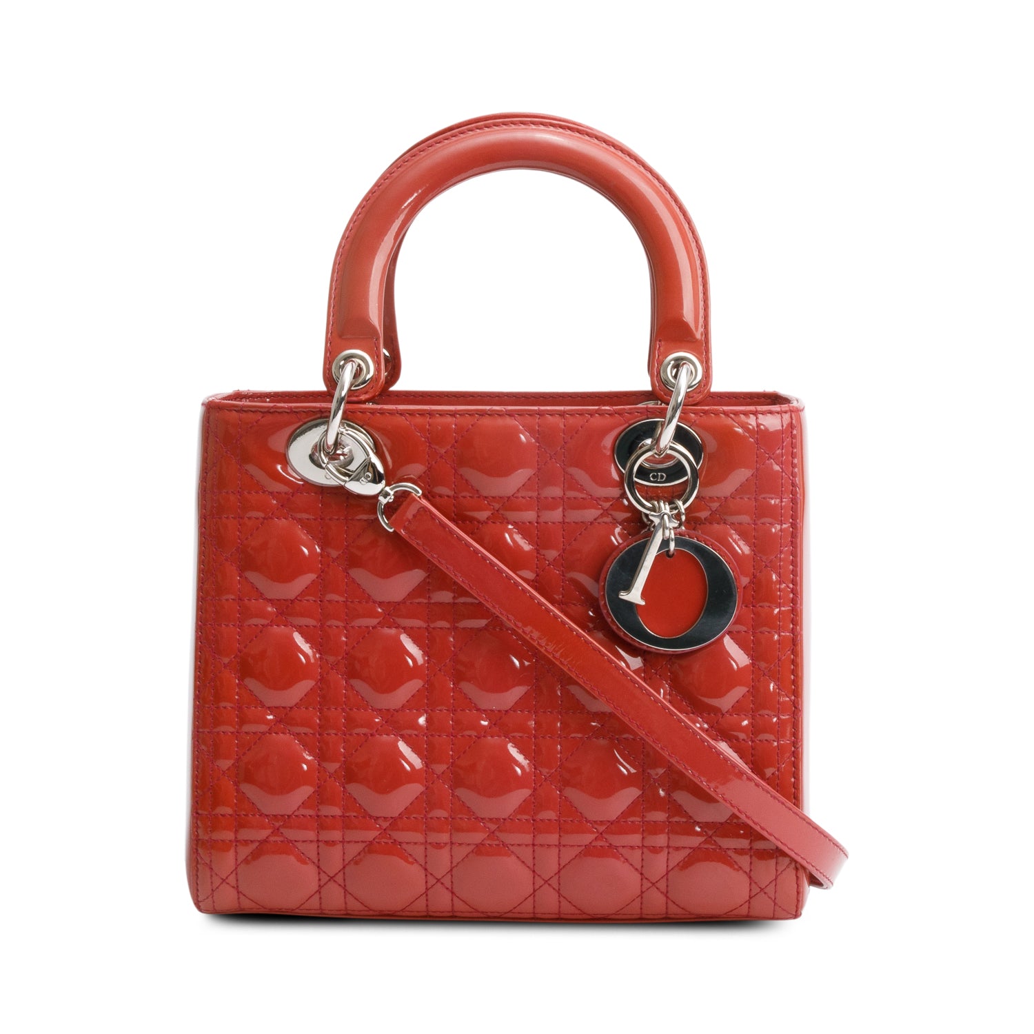 Christian Dior Red Cannage Patent Leather Small Lady Dior Bag w/ Strap