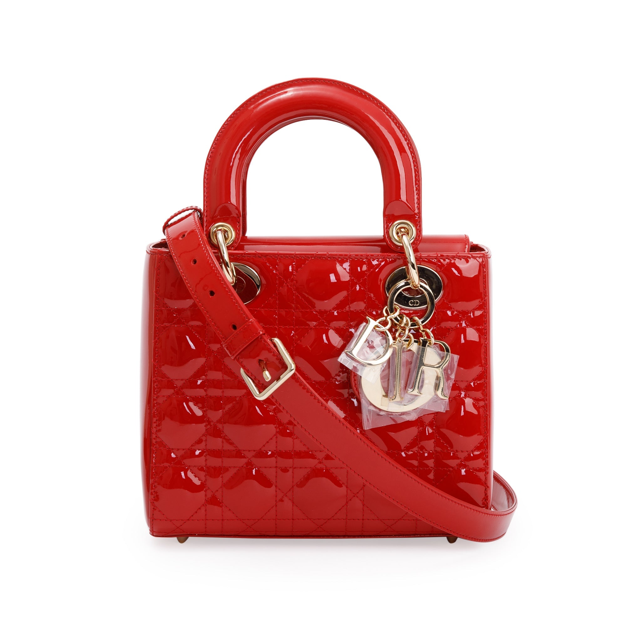 Christian Dior Red Patent Cannage Leather Small Lady Dior Bag w/ Strap, Box & Authenticity Card