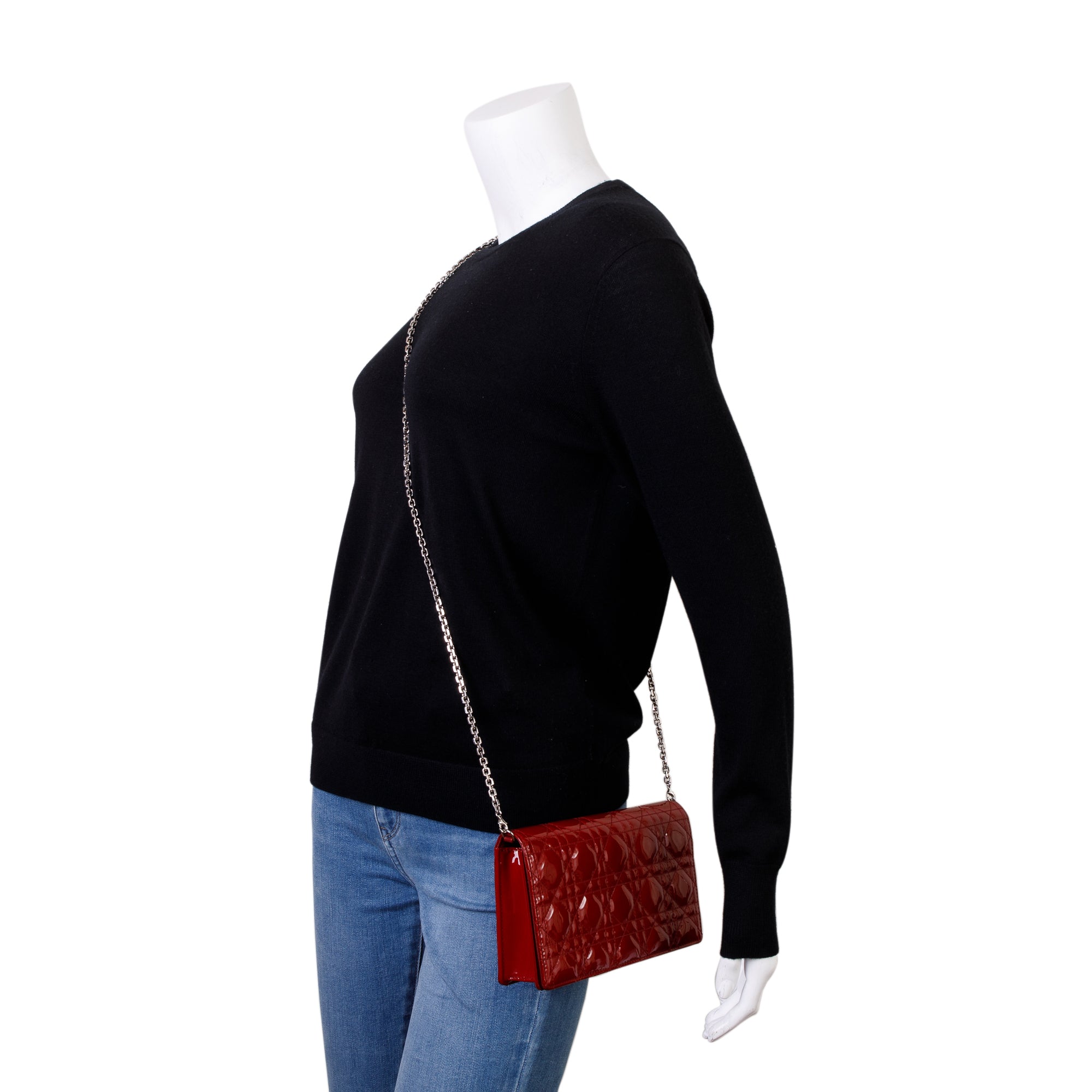 Christian Dior Red Patent Leather Lady Dior Chain Pouch w/ Inserts