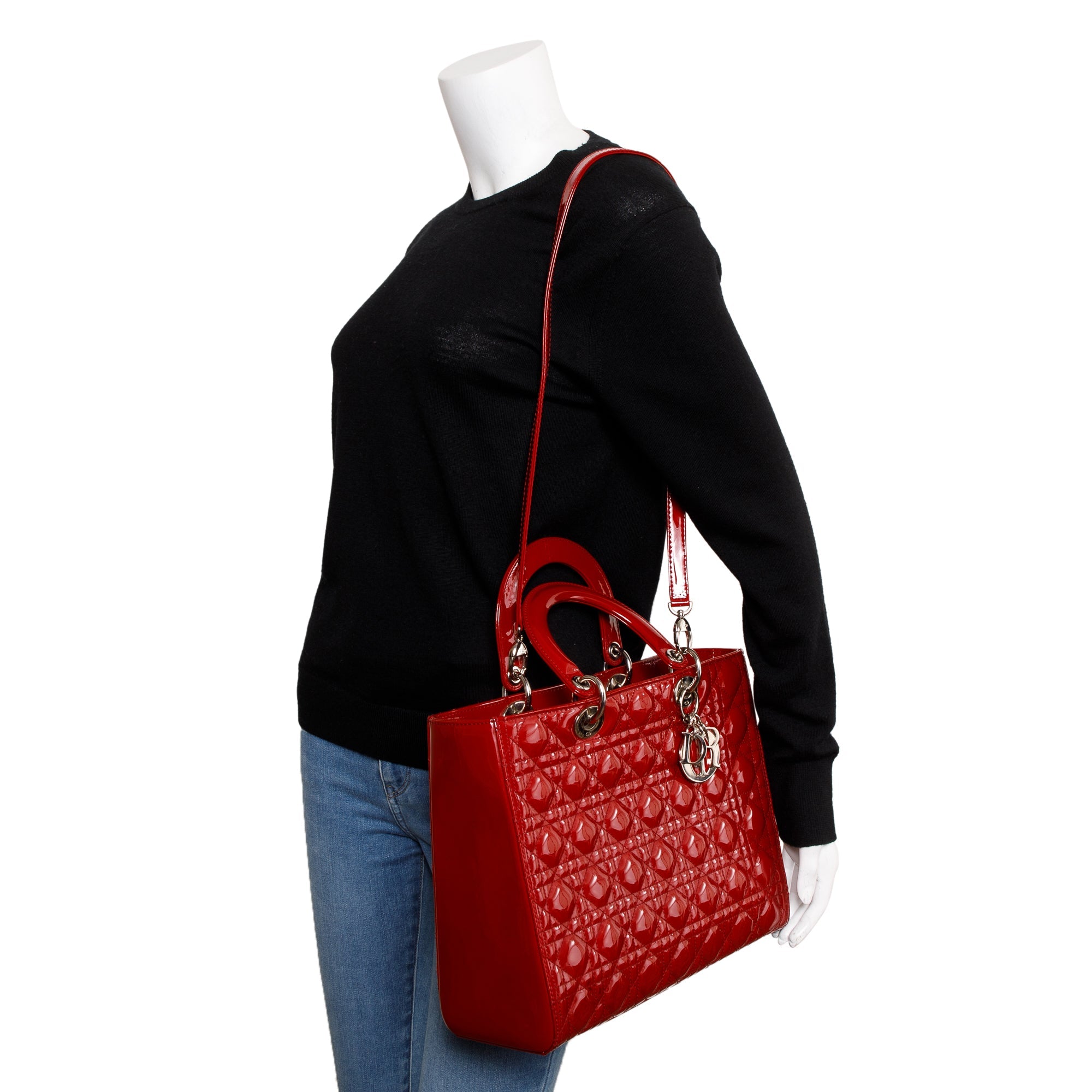 Christian Dior Red Patent Leather Large Lady Dior Bag w/ Strap