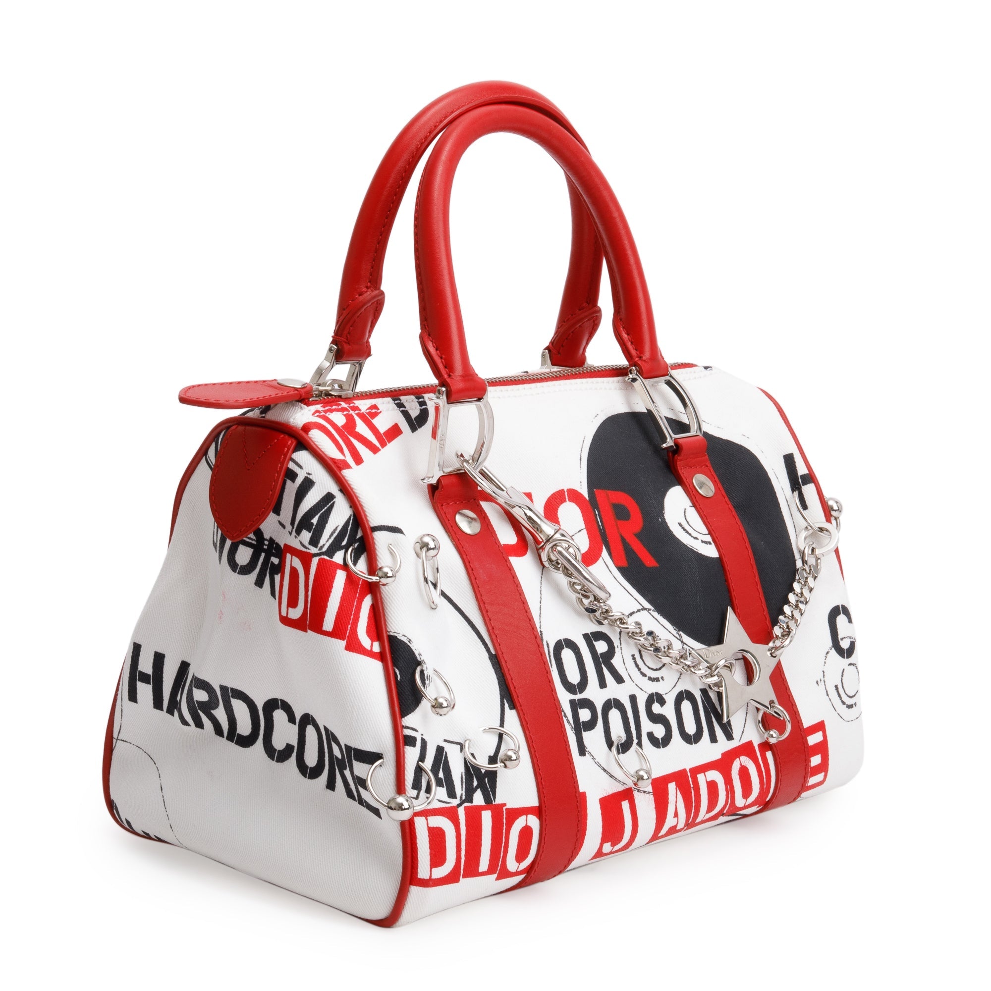 Christian Dior Red/White Printed Canvas Hardcore Boston Pierced Bag w/ Authenticity Card