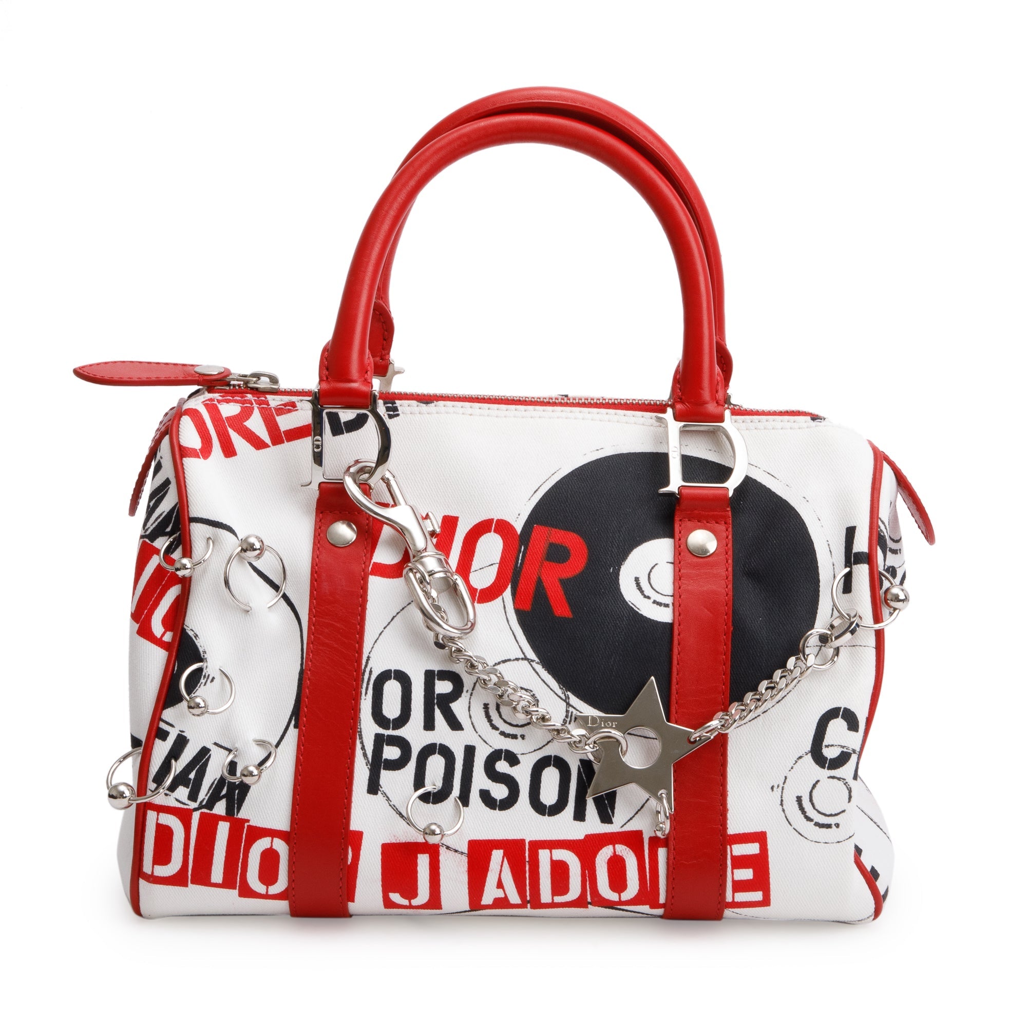 Christian Dior Red/White Printed Canvas Hardcore Boston Pierced Bag w/ Authenticity Card