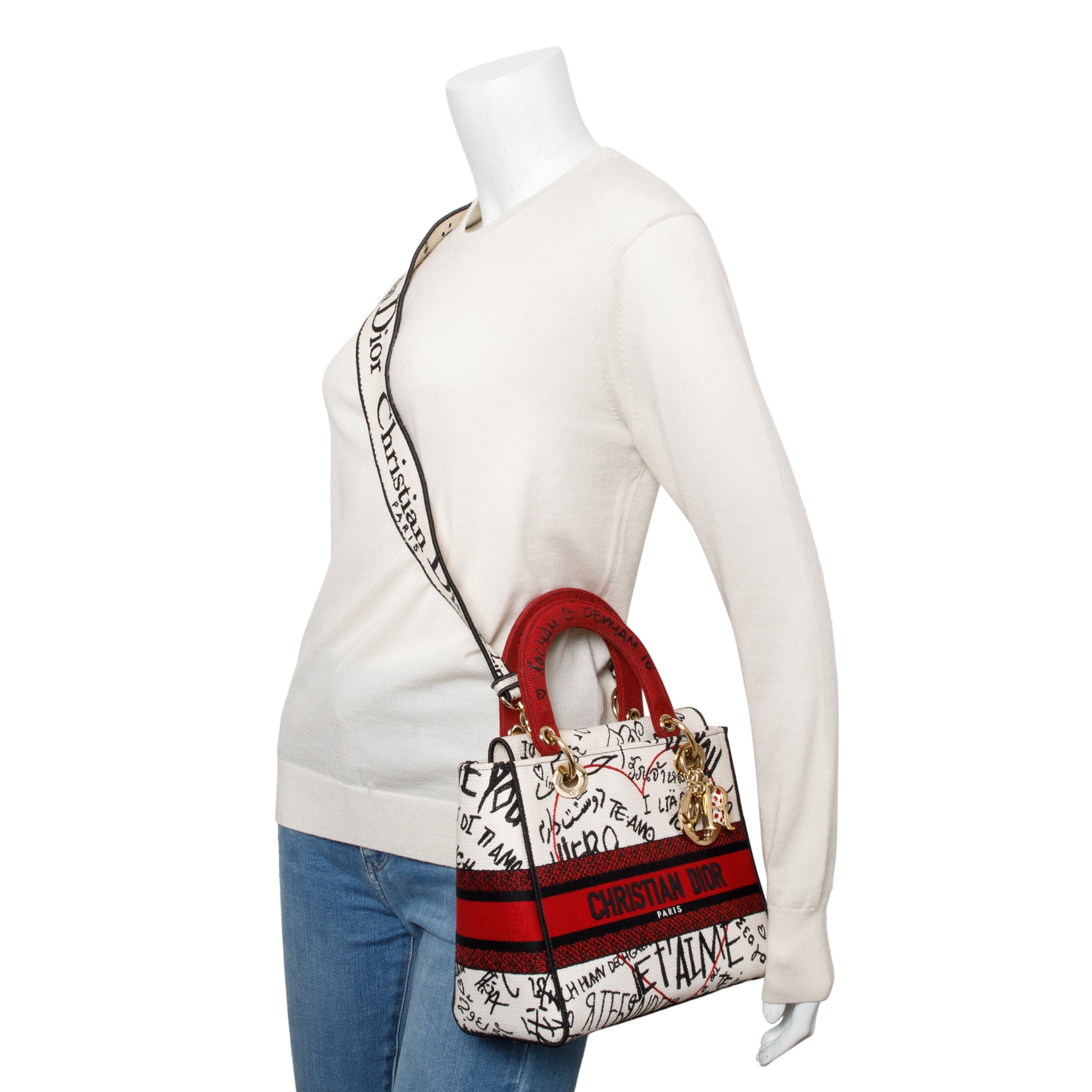 Christian Dior Red/White/Black Canvas Dioramour Graffiti Medium Lady Di-Lite Bag w/ Strap