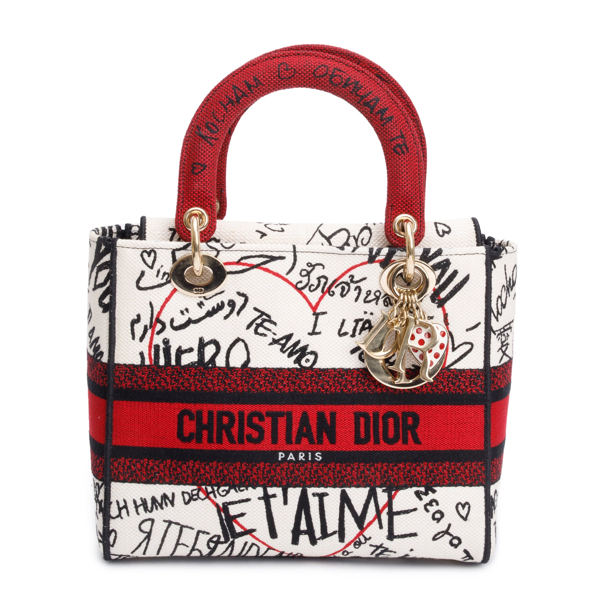 Christian Dior Red/White/Black Canvas Dioramour Graffiti Medium Lady Di-Lite Bag w/ Strap