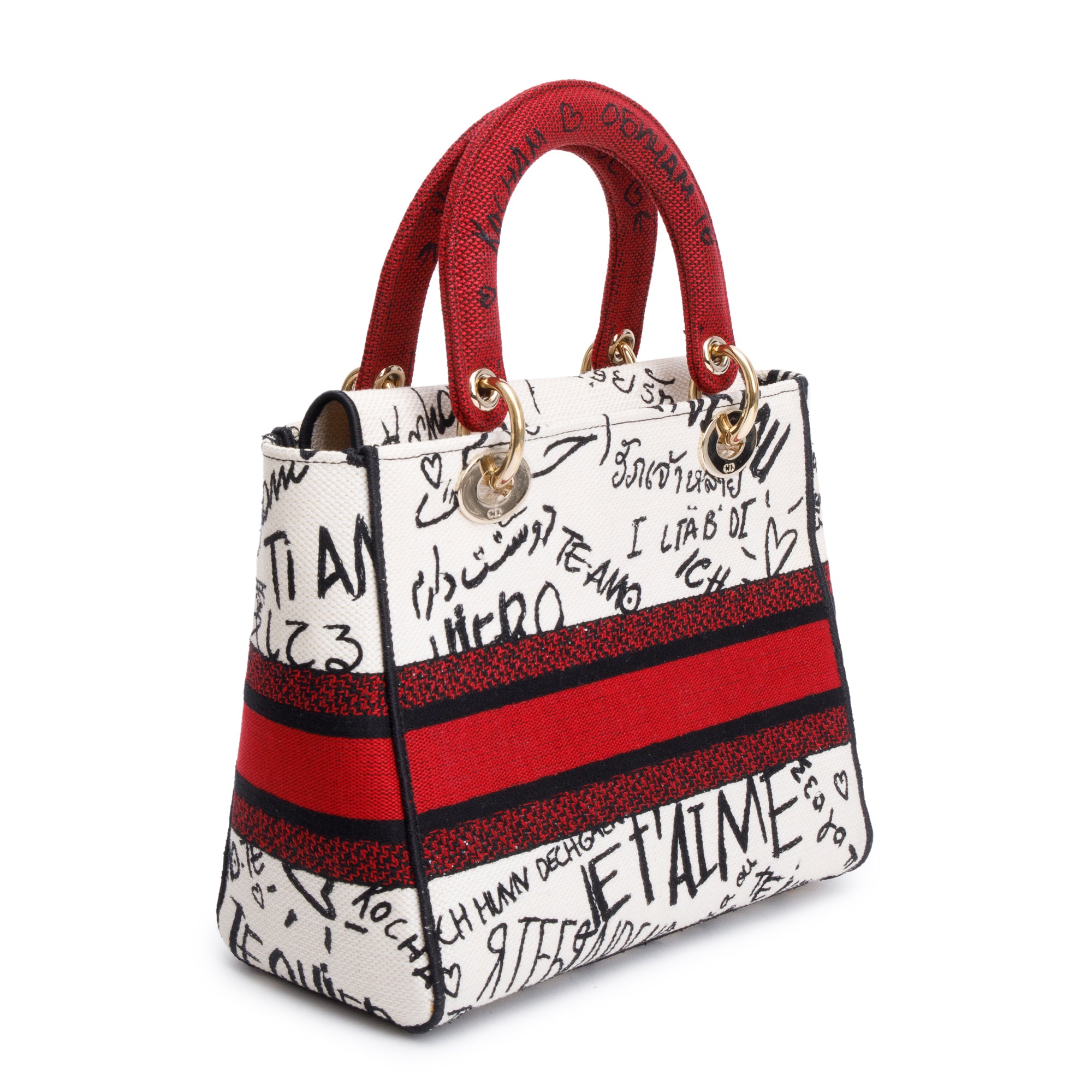 Christian Dior Red/White/Black Canvas Dioramour Graffiti Medium Lady Di-Lite Bag w/ Strap