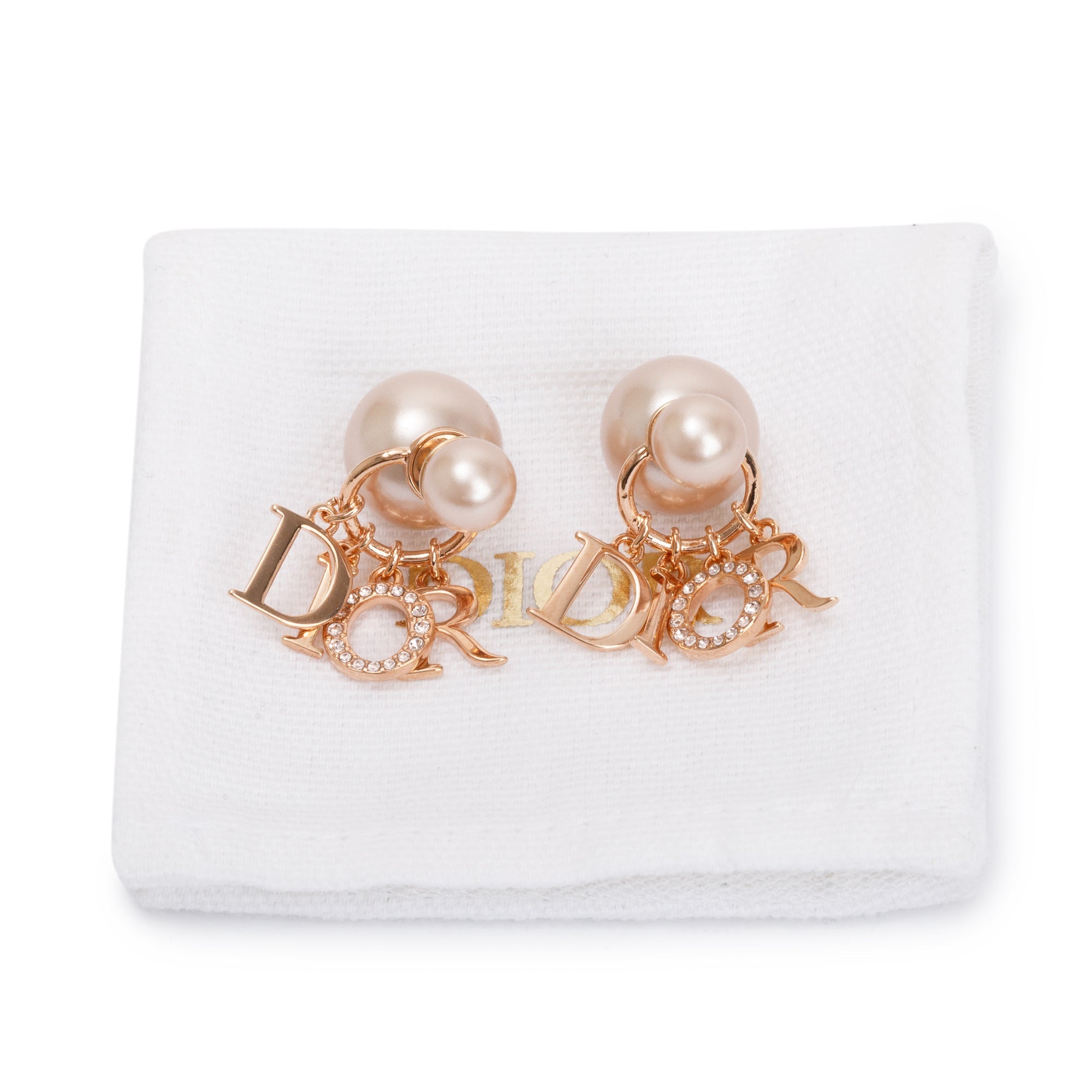 Christian Dior Rose Gold Plated Faux Pink Pearl & Crystal Tribales Logo Charms Earrings