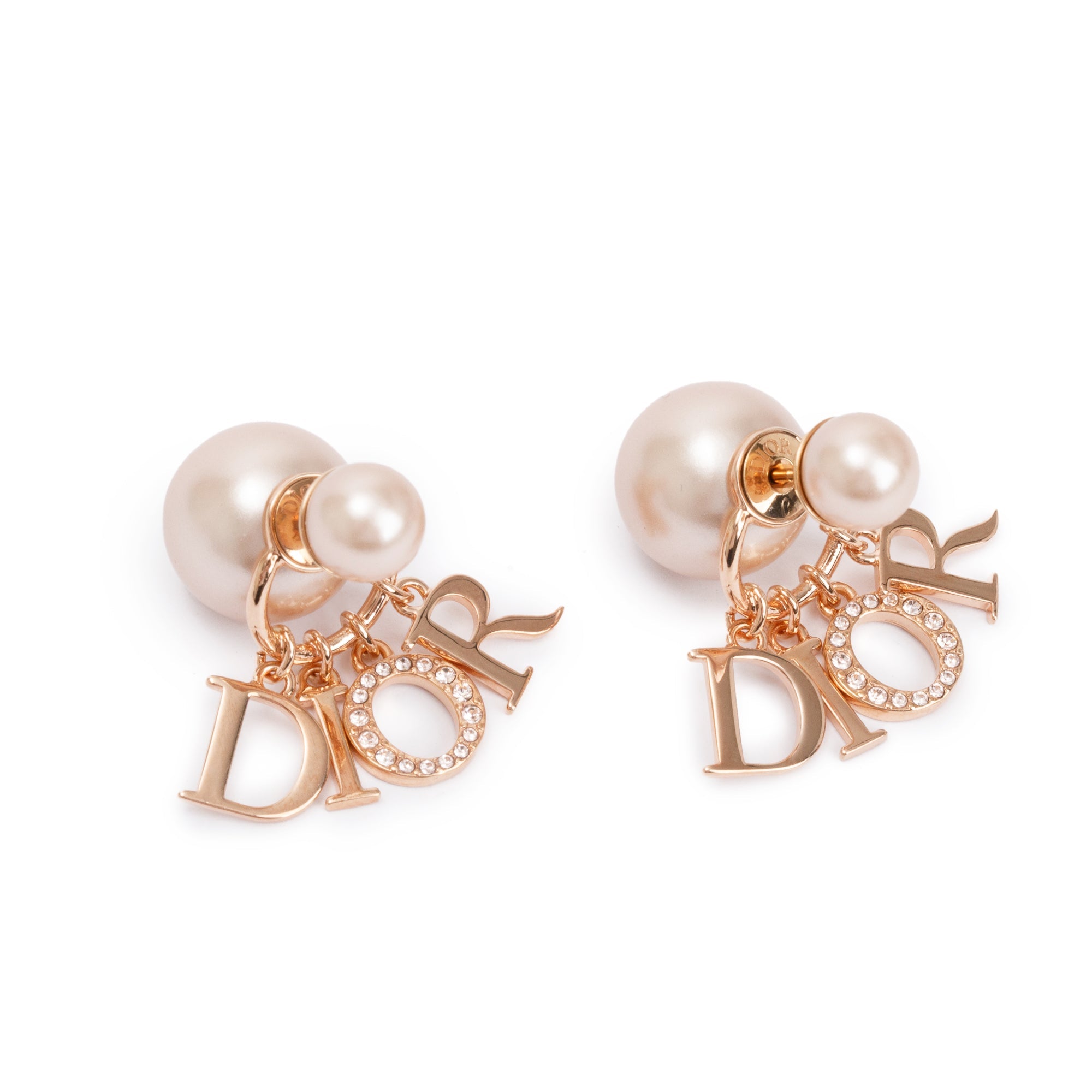 Christian Dior Rose Gold Plated Faux Pink Pearl & Crystal Tribales Logo Charms Earrings