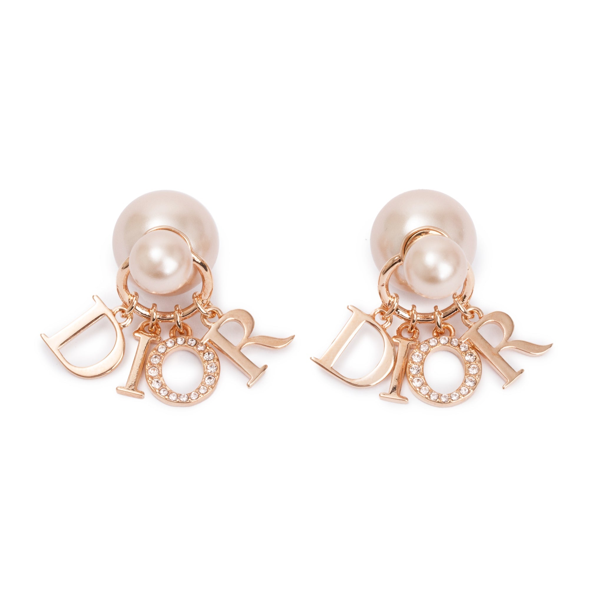 Christian Dior Rose Gold Plated Faux Pink Pearl & Crystal Tribales Logo Charms Earrings