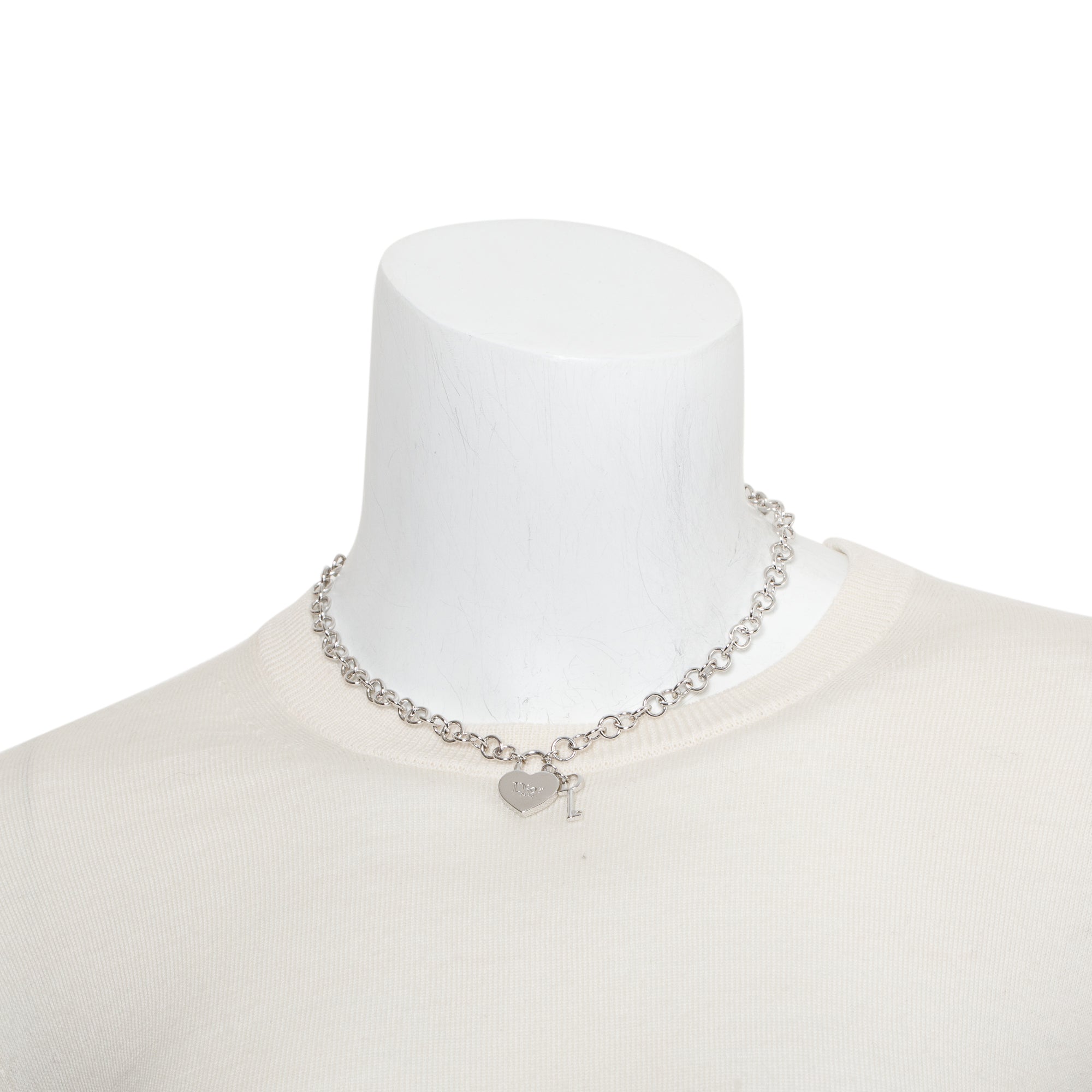 Christian Dior Silver Plated Heart Lock & Key Necklace