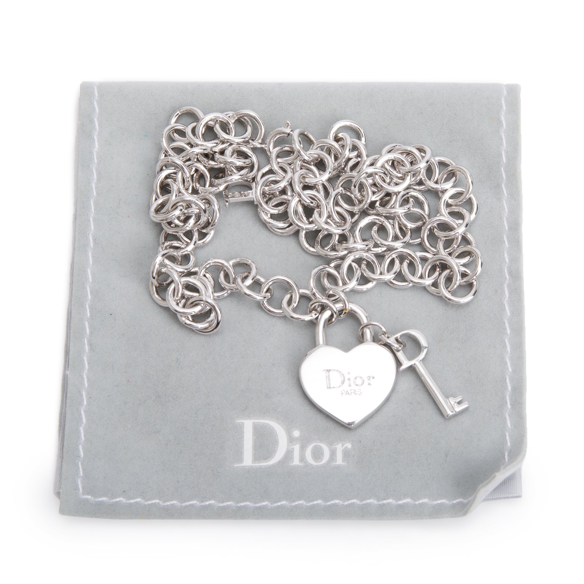 Christian Dior Silver Plated Heart Lock & Key Necklace