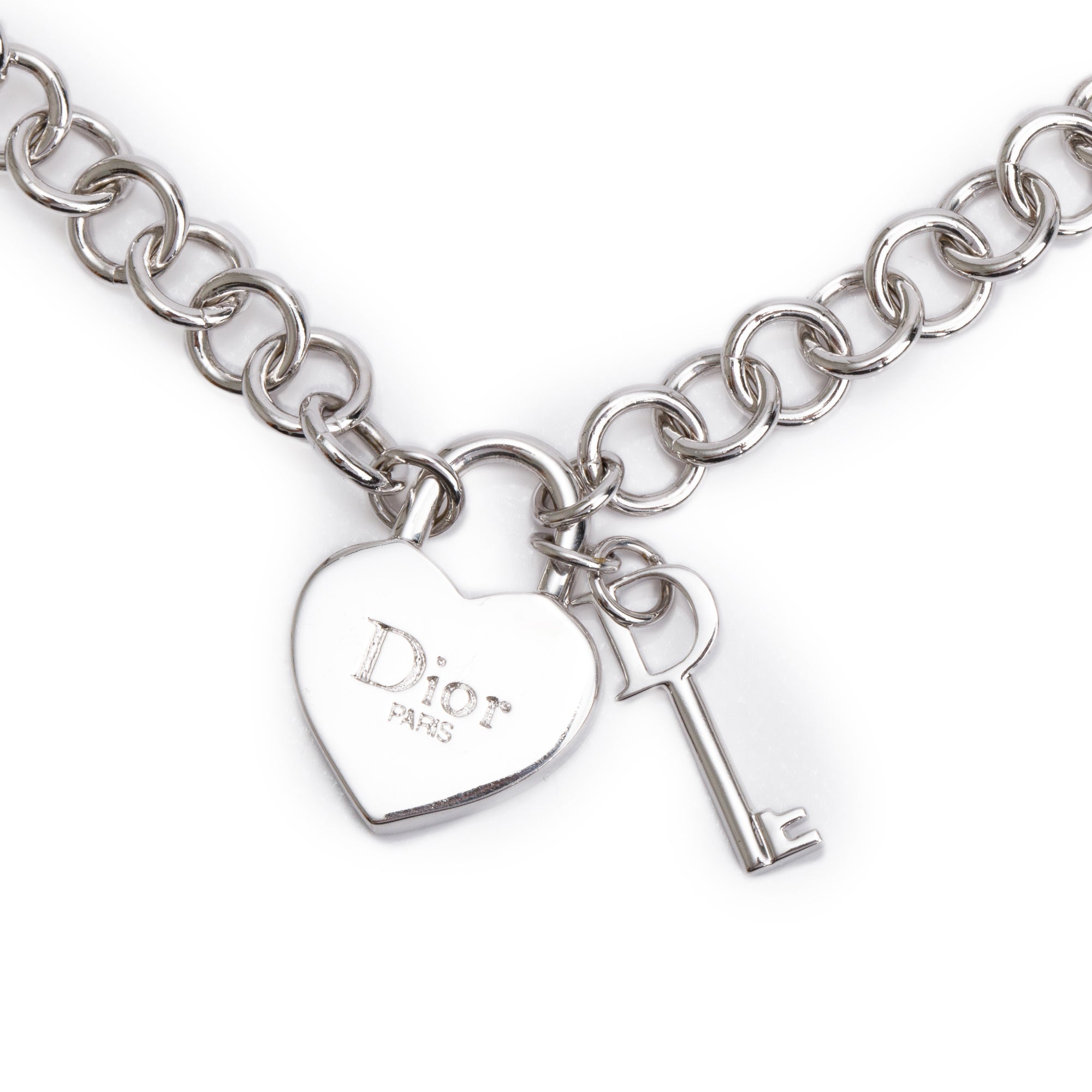 Christian Dior Silver Plated Heart Lock & Key Necklace