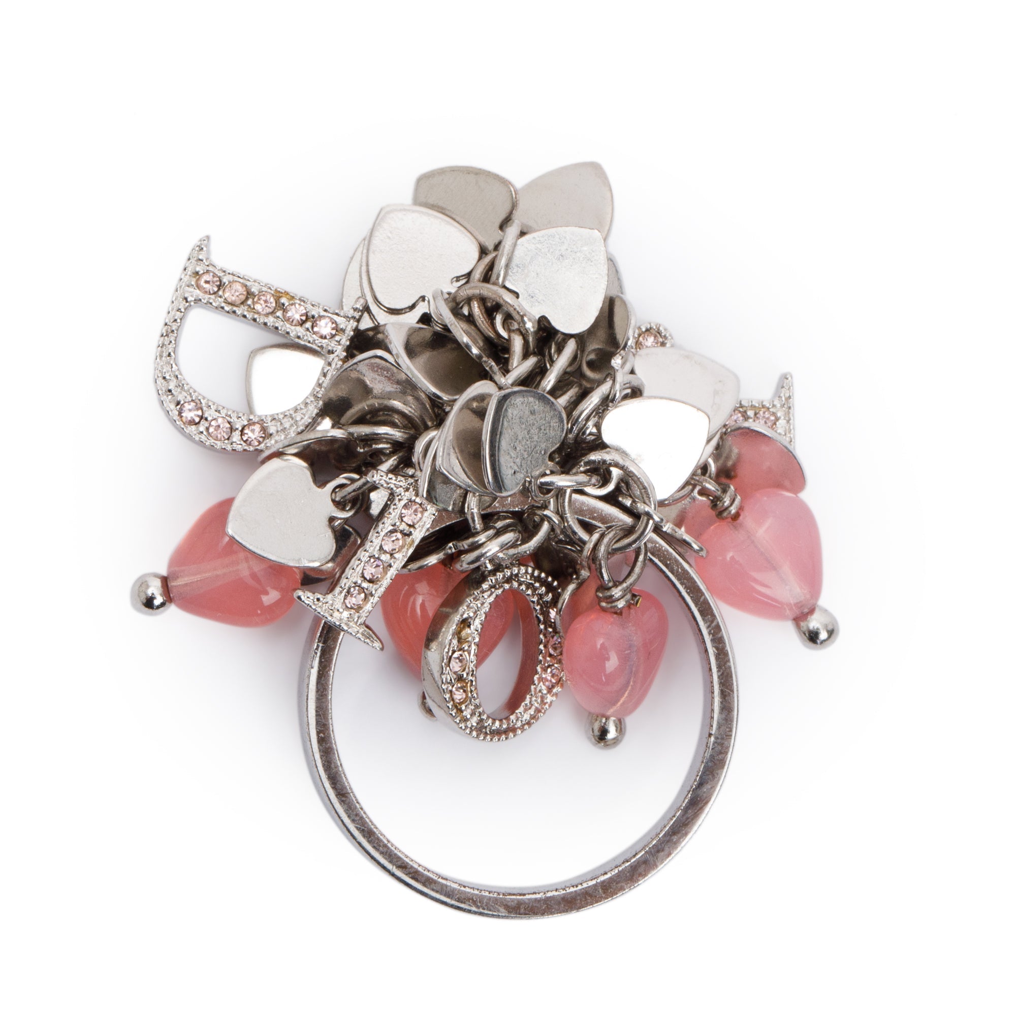 Christian Dior Silver Tone Metal Crystal & Resin Logo Heart Ring, Size 7.5 w/ Box