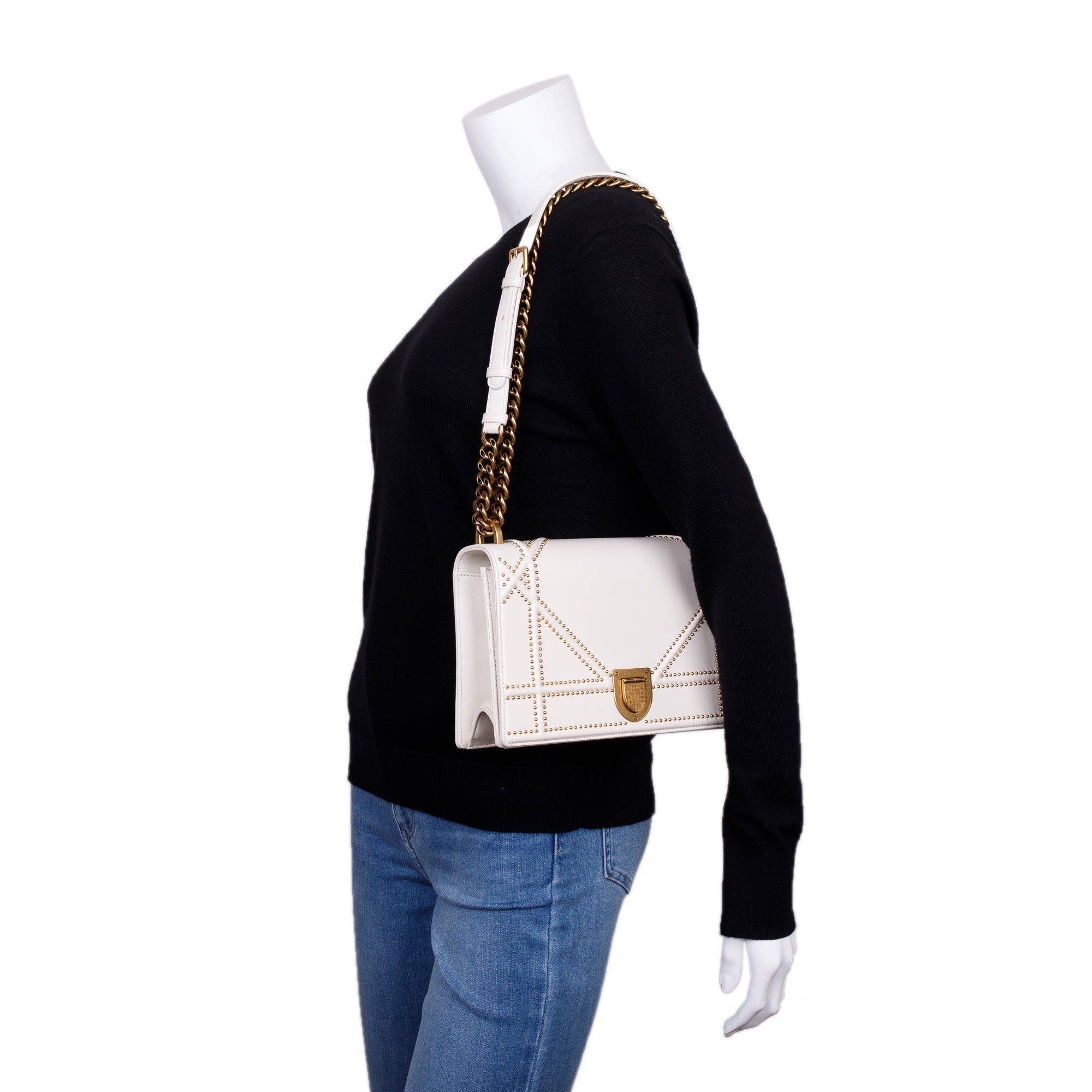 Christian Dior White Calfskin Leather Medium Studded Diorama Flap Bag