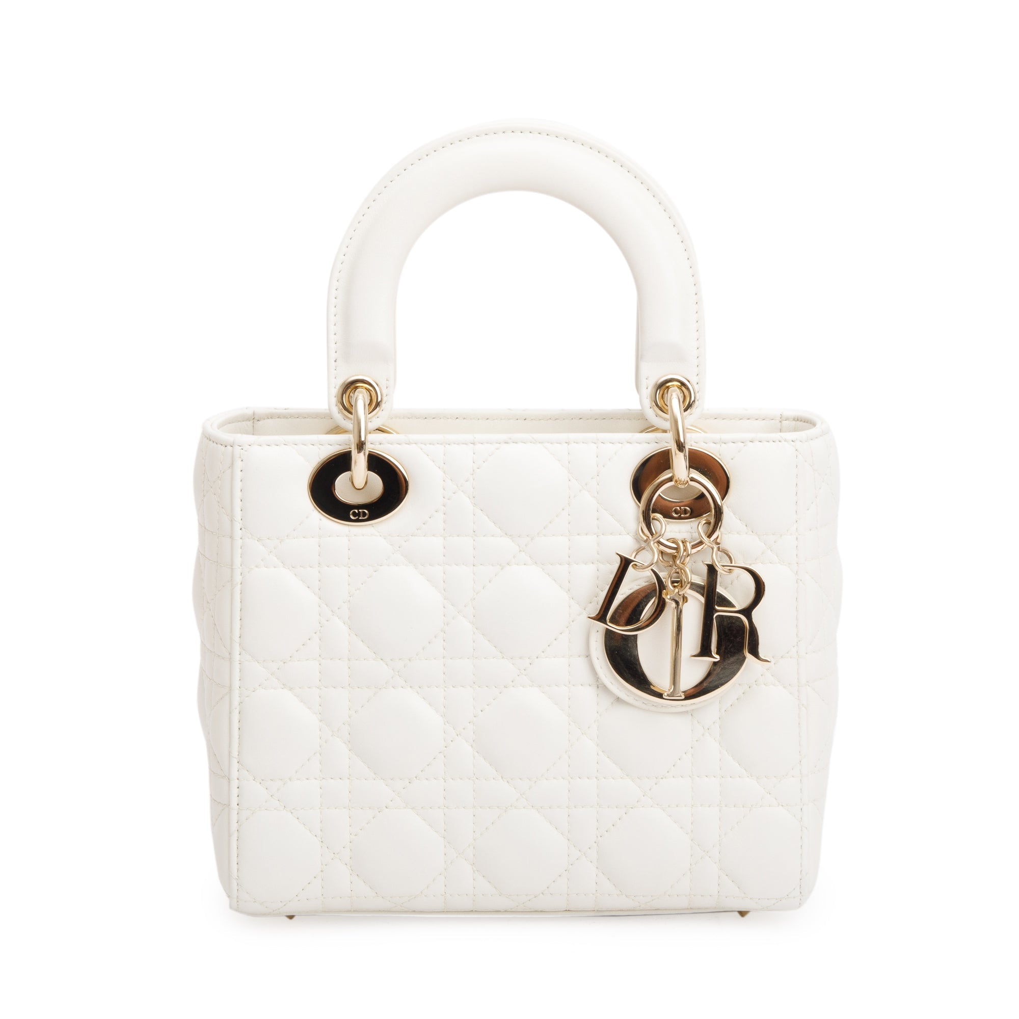 Christian Dior White Cannage Leather Small Lady Dior Bag w/ Strap