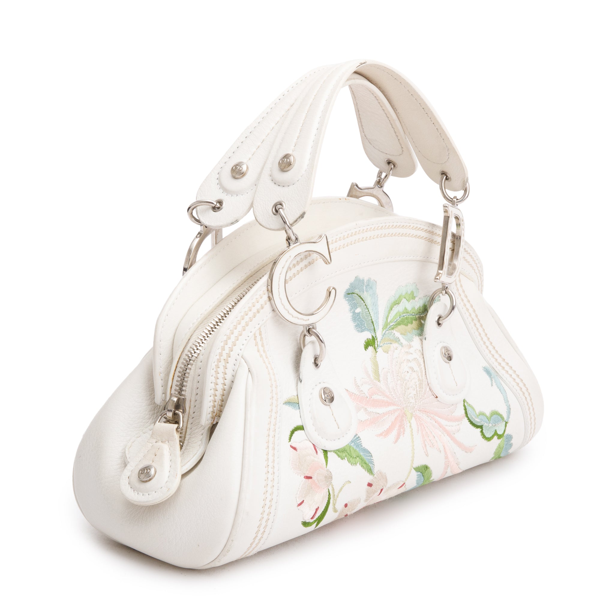 Christian Dior White Embroidered Calfskin Leather Small Detective Bag w/ Authenticity Card