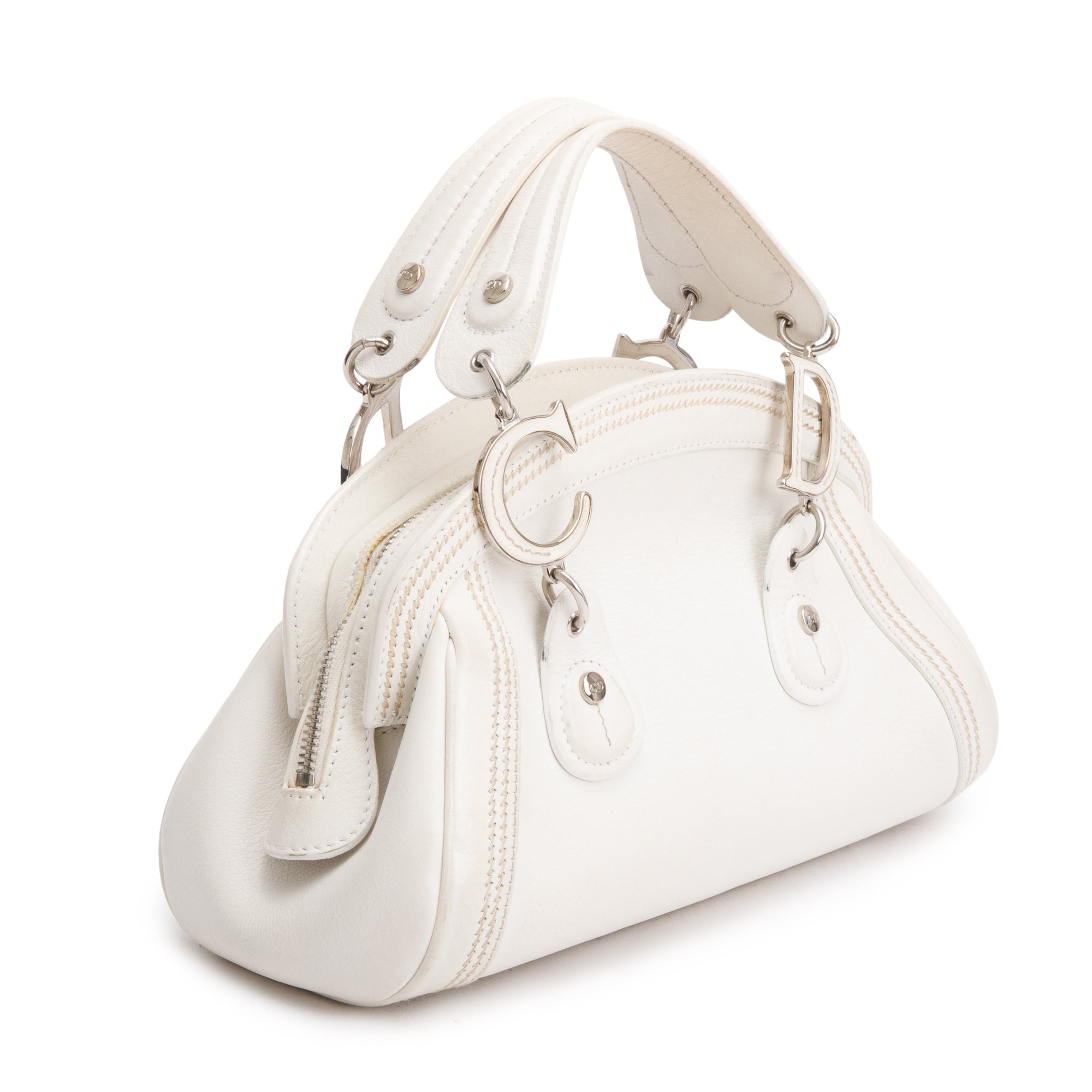Christian Dior White Embroidered Calfskin Leather Small Detective Bag w/ Authenticity Card
