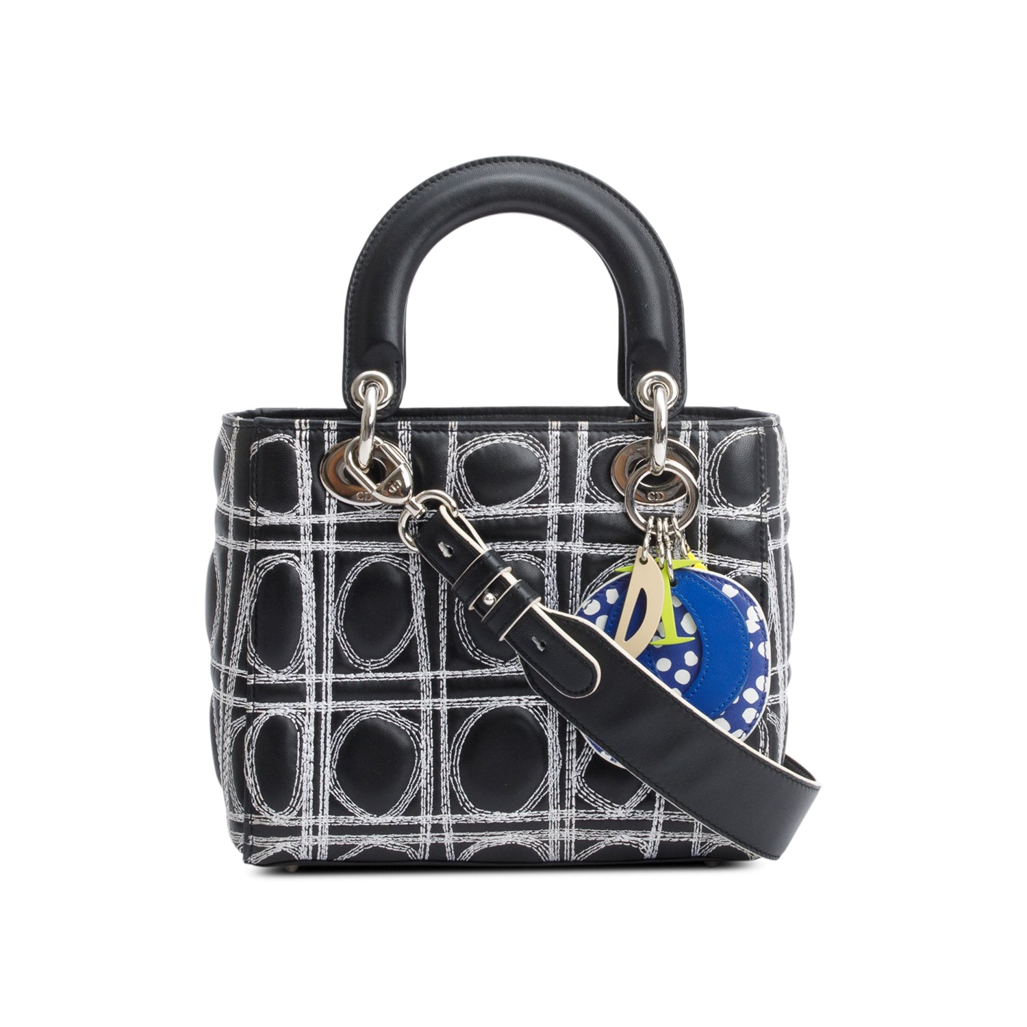 Christian Dior X Daniel Gordon Black Cannage Lambskin Leather Small Lady Dior Art Bag w/ Strap