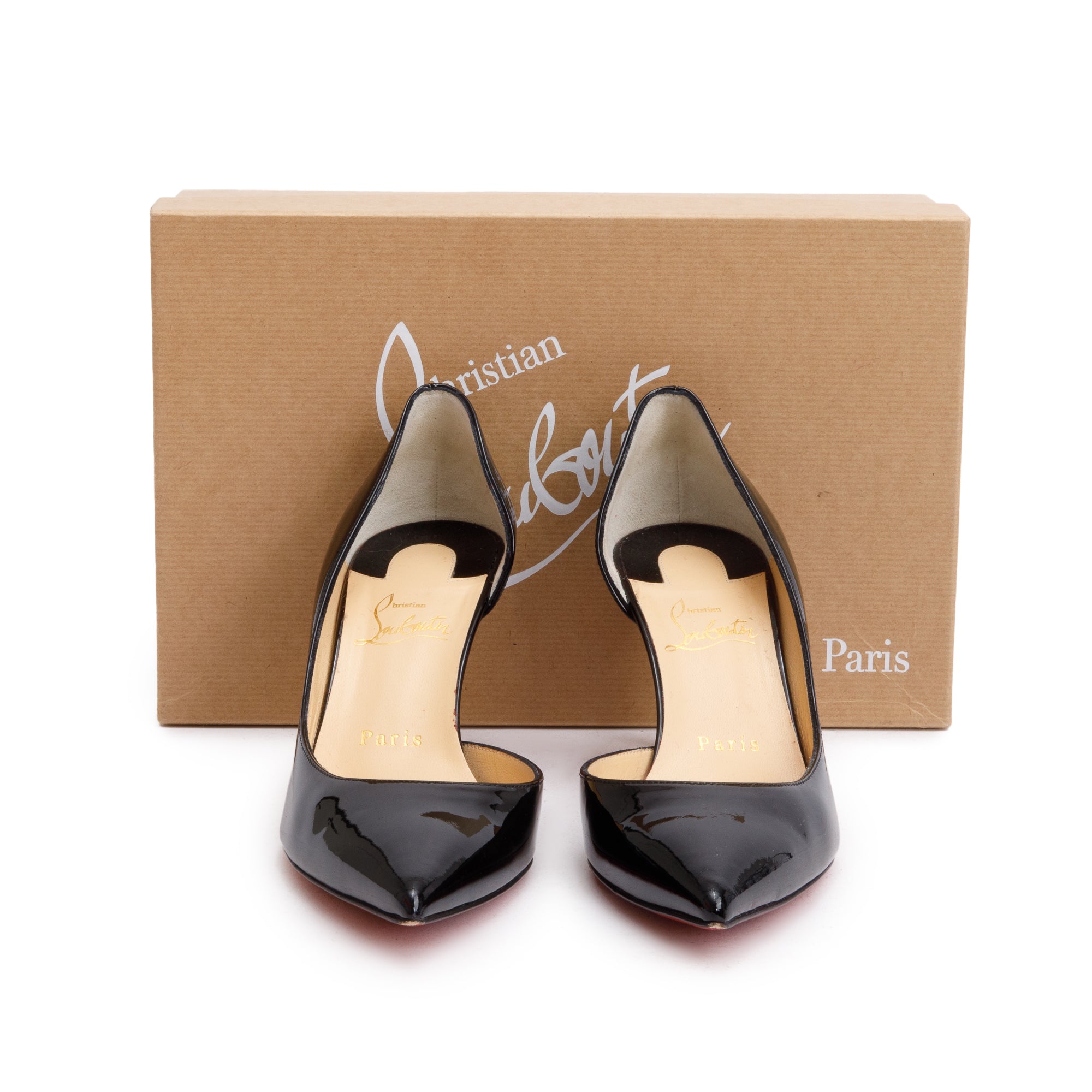 Christian Louboutin 2021 Black Patent Leather Iriza 70 Pumps, Size 37.5 w/ Box & Receipt