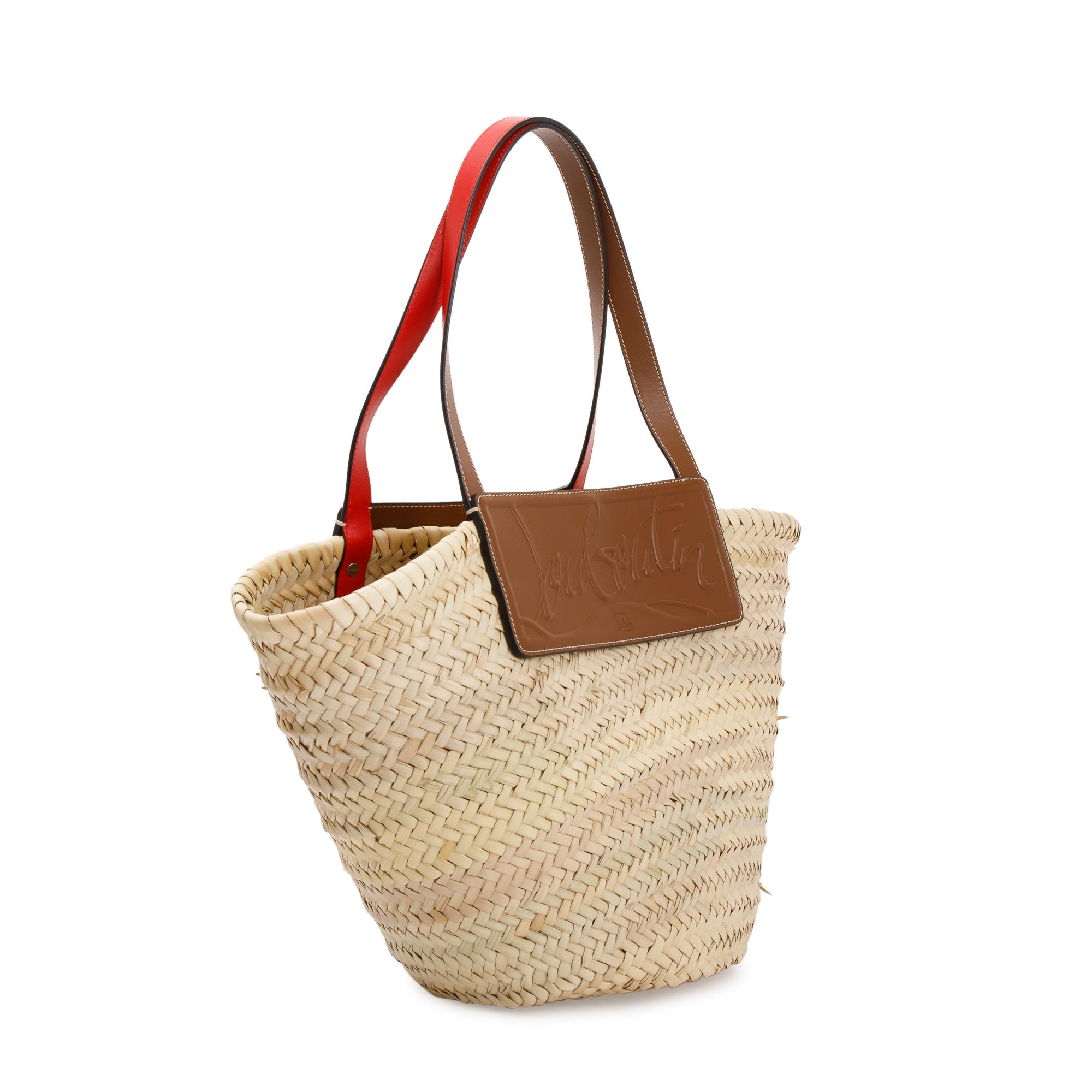 Christian Louboutin 2022 Neutral Woven Straw & Brown Calf Leather Loubishore Tote Bag w/ Receipt