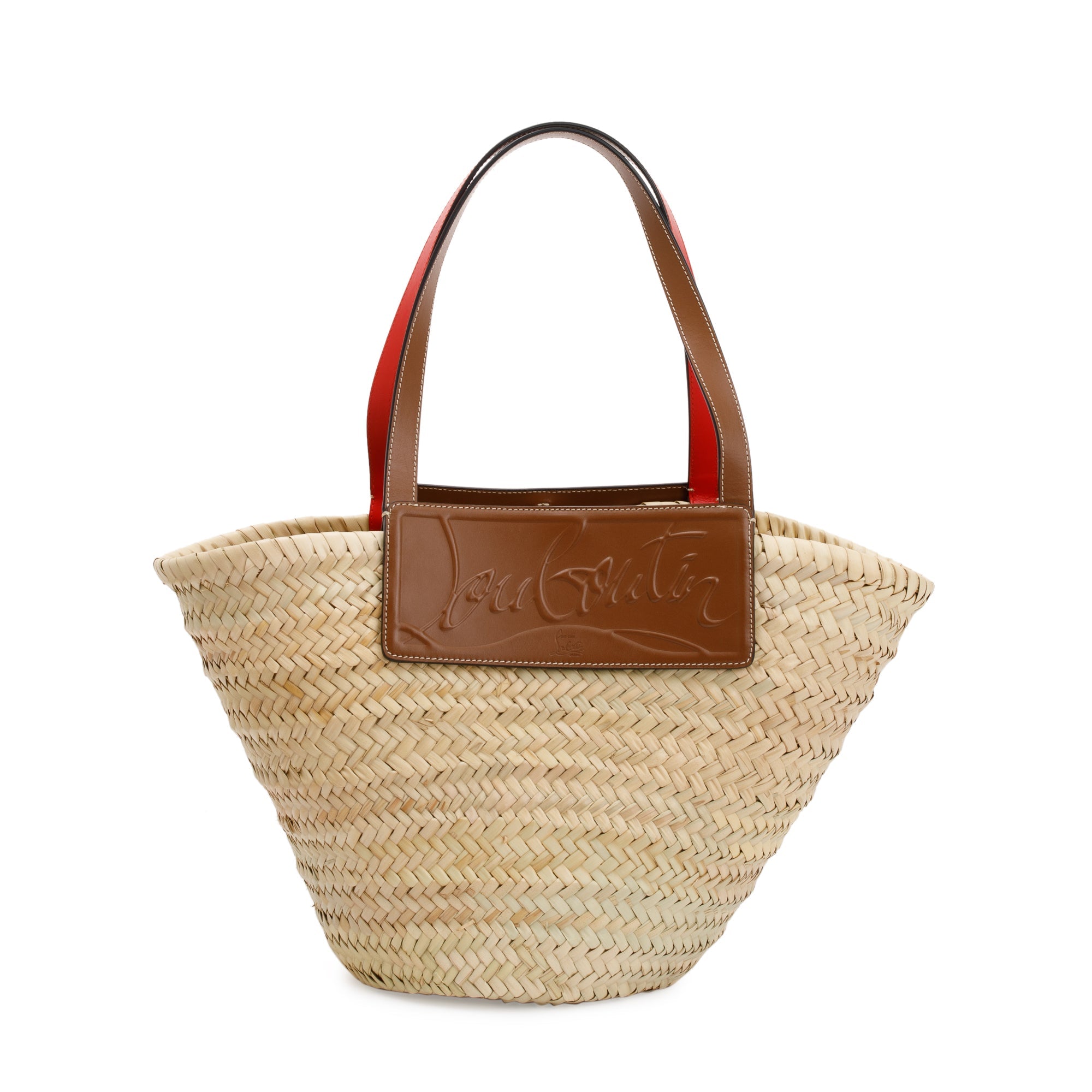Christian Louboutin 2022 Neutral Woven Straw & Brown Calf Leather Loubishore Tote Bag w/ Receipt
